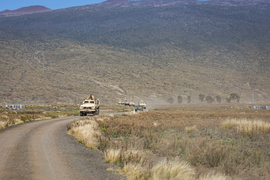 In this photo released by the U.S. Army, soldiers conduct a convoy escort team during Operation PIKO, the 25th Division Sustainment Brigade's annual gunnery Feb. 5, 2025, at Pohakuloa Training Area, Hawaii. (Sgt. Jared Simmons, U.S. Army via AP)