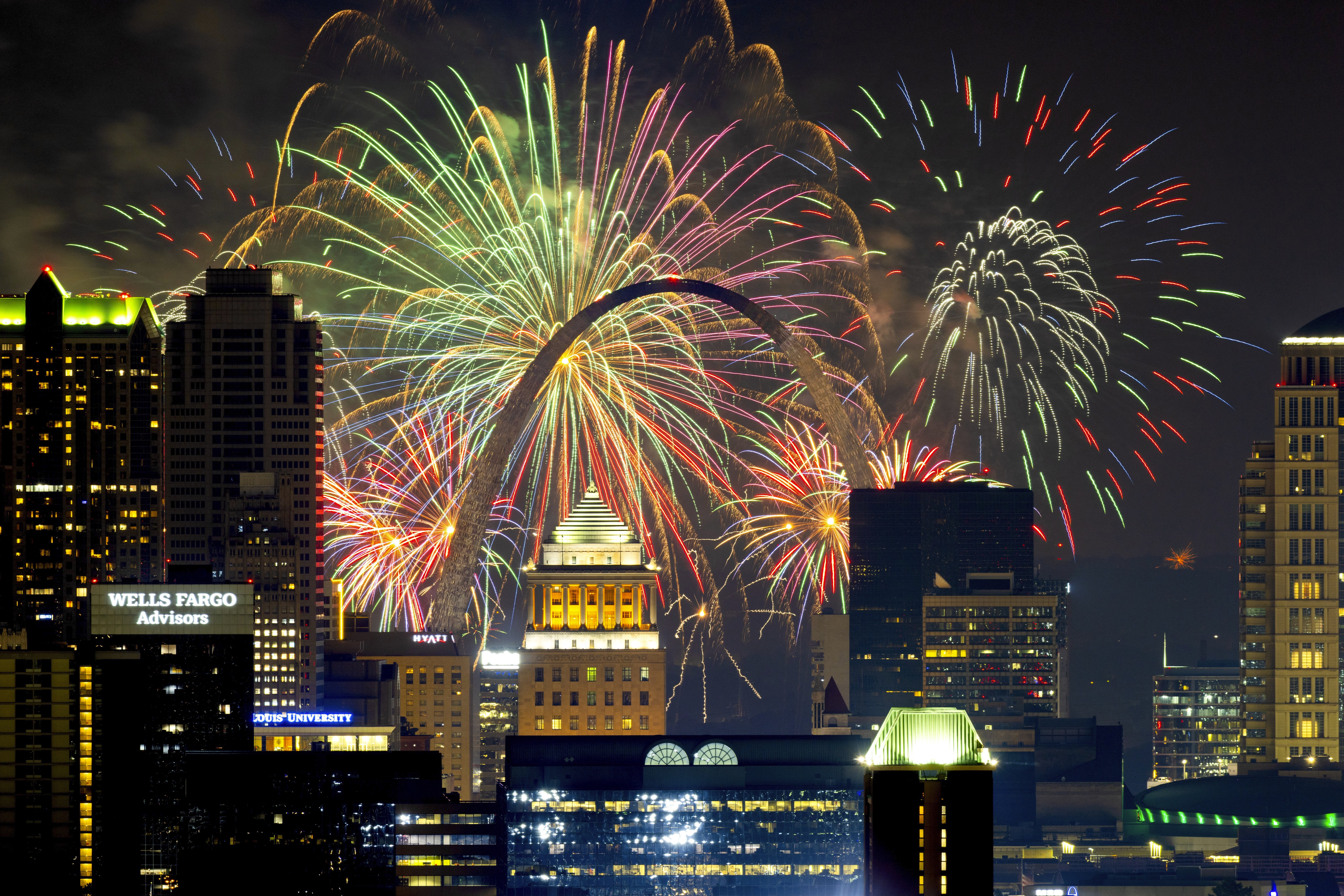 Fireworks light up the St. Louis skyline and the Gateway Arch on Thursday, July 3, 2025, in St. Louis. (David Carson/St. Louis Post-Dispatch via AP)