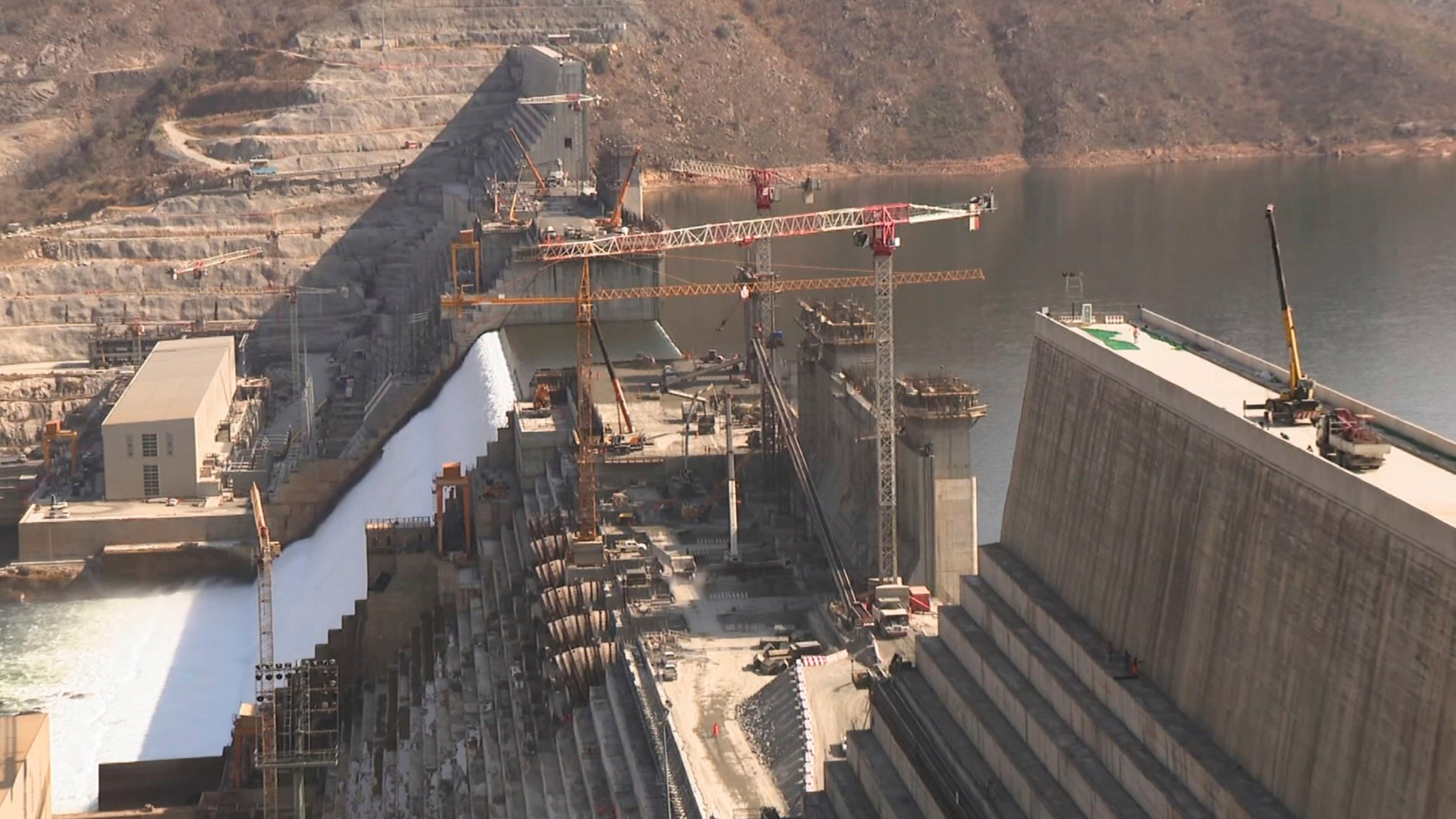 This grab taken from video shows Grand Ethiopian Renaissance Dam in the Benishangul-Gumuz region, Ethiopia, Feb. 20, 2022. (AP Photo)