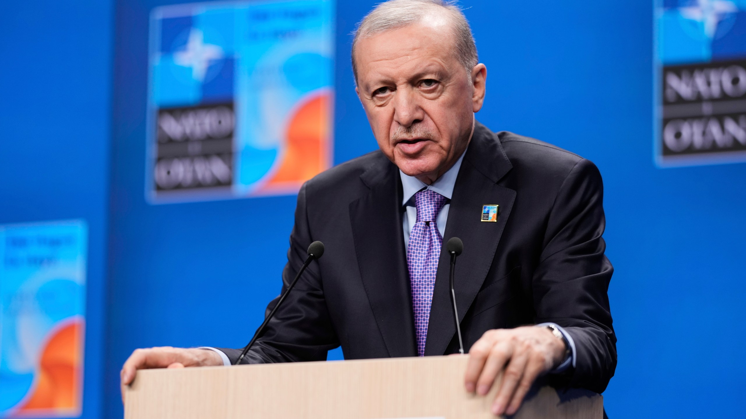 Turkish President Recep Tayyip Erdogan speaks during a media conference at the NATO summit in The Hague, Netherlands, Wednesday, June 25, 2025. (AP Photo/Matthias Schrader)