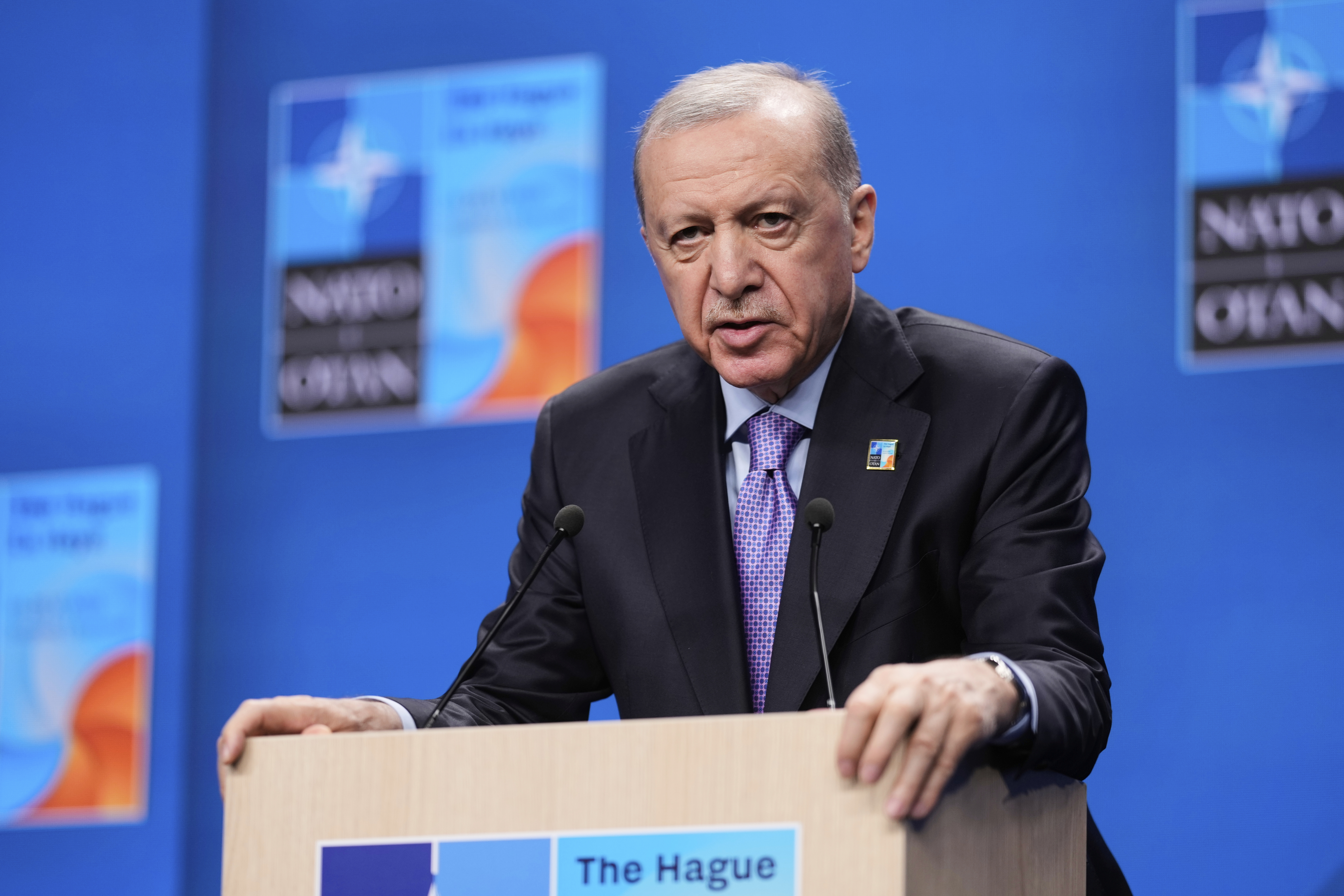 Turkish President Recep Tayyip Erdogan speaks during a media conference at the NATO summit in The Hague, Netherlands, Wednesday, June 25, 2025. (AP Photo/Matthias Schrader)