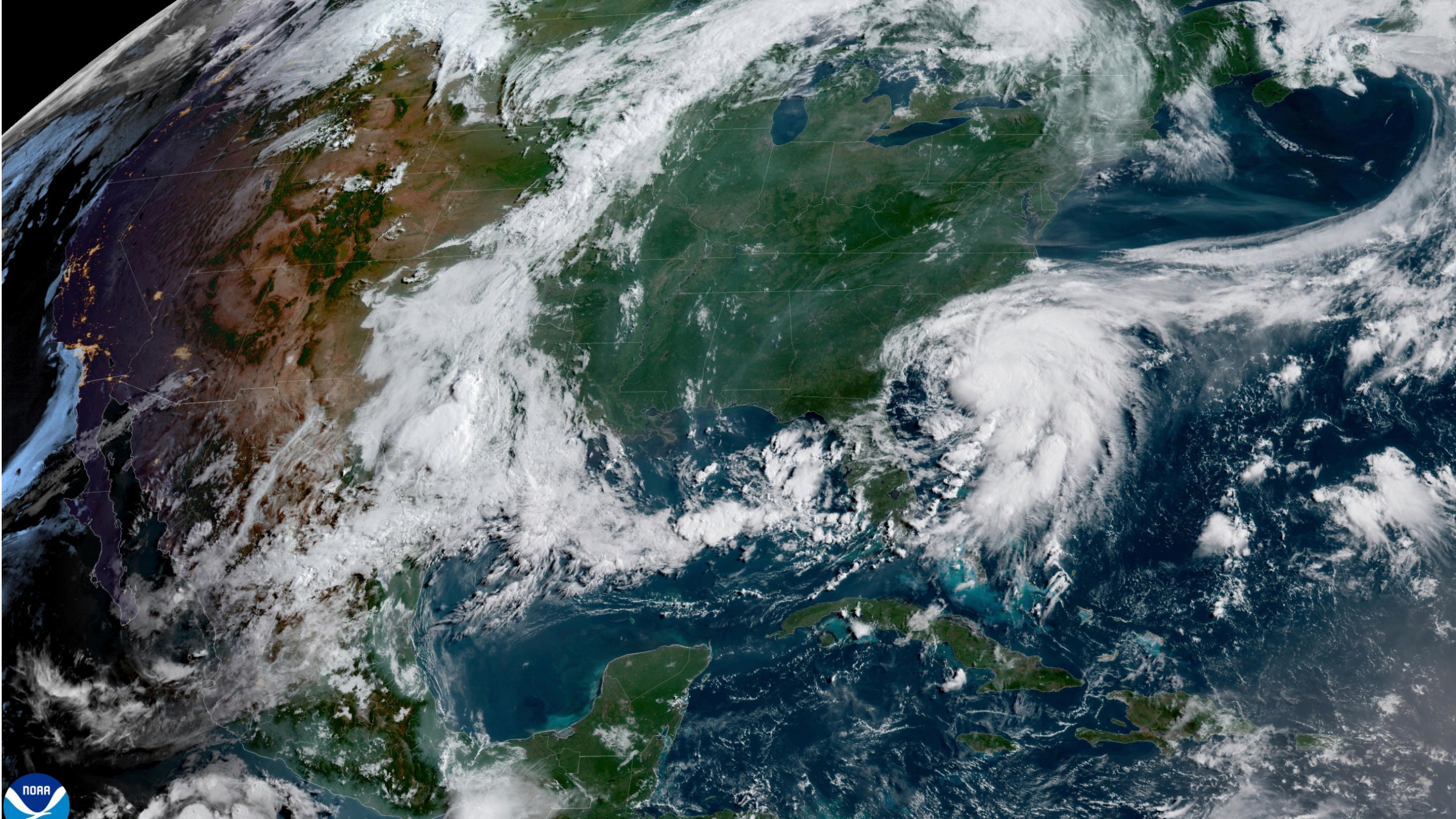 This image provided by NOAA shows Tropical Storm Chantal forming off the coast of the Carolinas on Saturday, July 5, 2025. (NOAA via AP