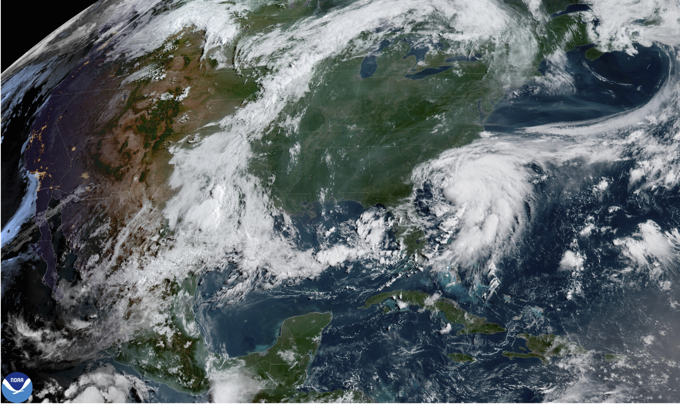 This image provided by NOAA shows Tropical Storm Chantal forming off the coast of the Carolinas on Saturday, July 5, 2025. (NOAA via AP