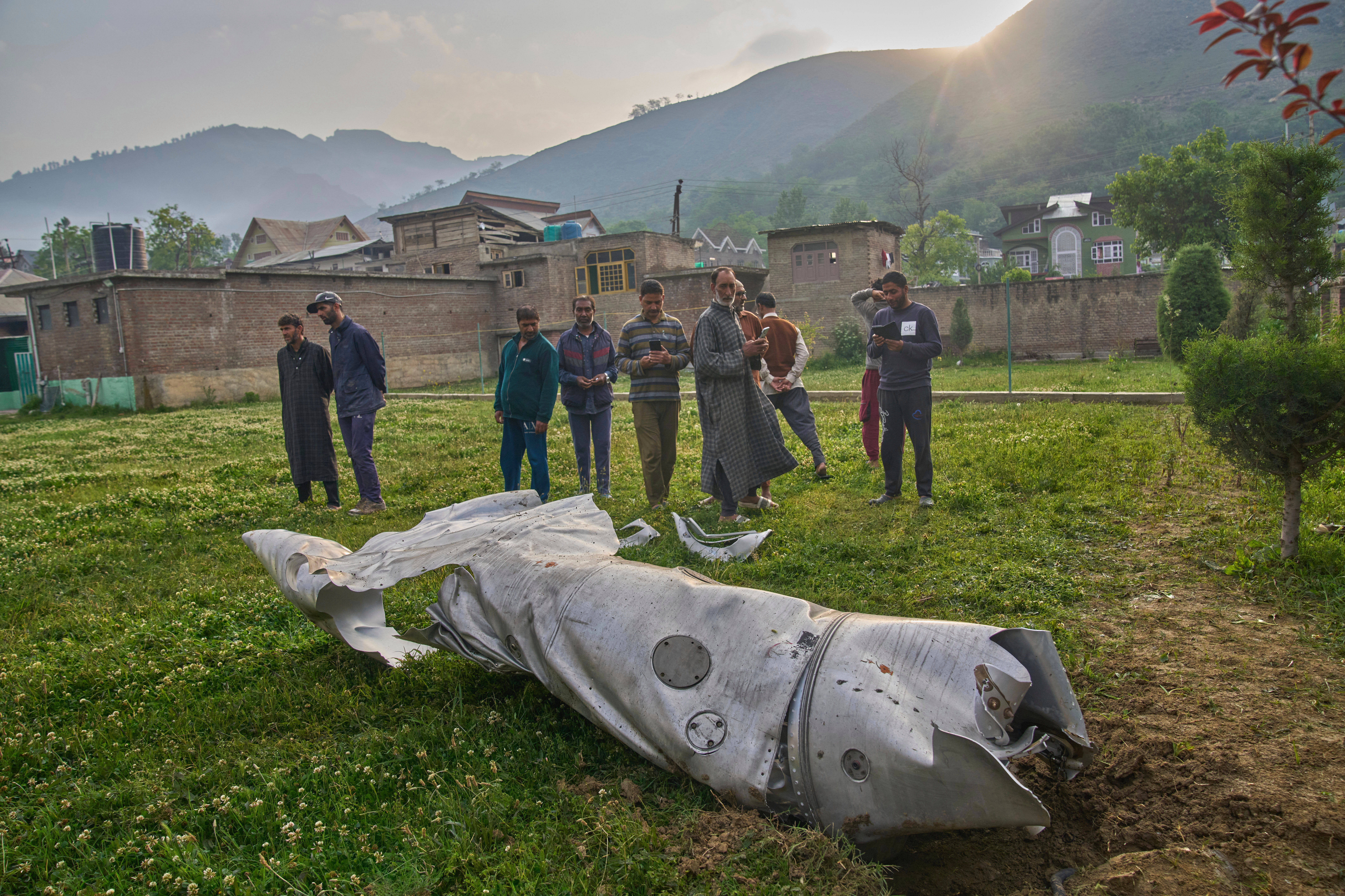 FILE - Debris of an aircraft lie in the compound of a mosque at Pampore in Pulwama district of Indian controlled Kashmir, Wednesday, May 7, 2025. (AP Photo/Dar Yasin, File)