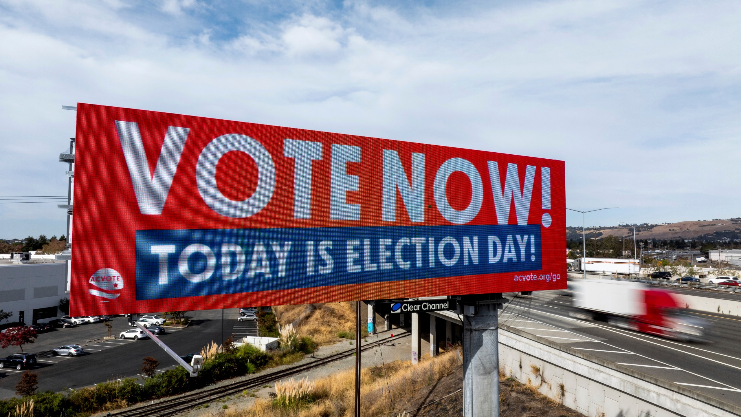 FILE - A billboard urges drivers to vote on Election Day in Union City, Calif., Nov. 5, 2024. (AP Photo/Noah Berger, File)