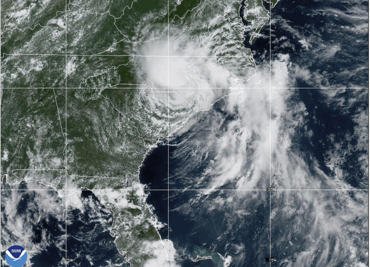 This image provided by the National Oceanic and Atmospheric Administration (NOAA) shows Tropical Storm Chantal as it moves from South Carolina into central North Carolina on Sunday, July 6, 2025. (NOAA via AP)