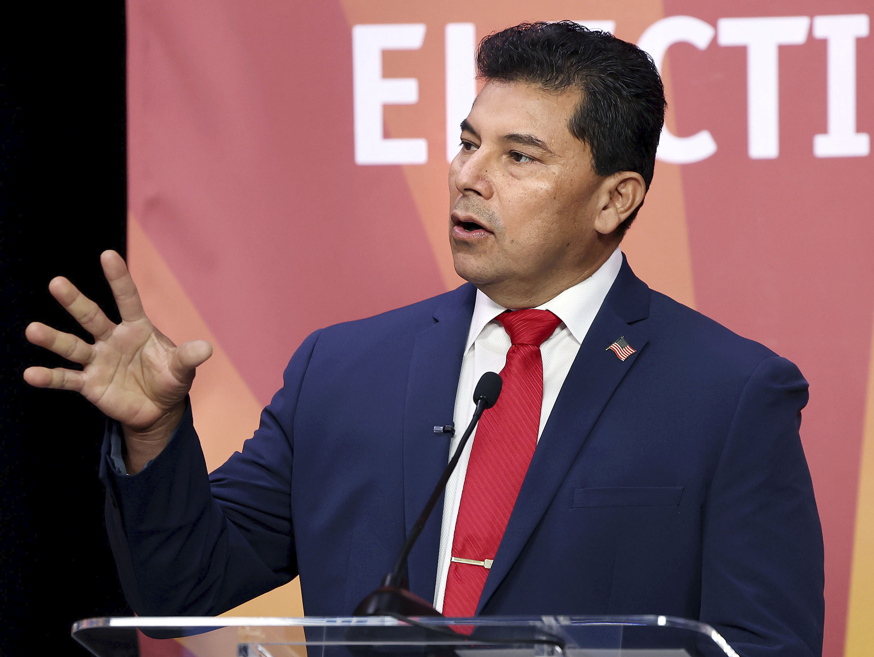 Candidate Jorge Rivas answers a question during the Republican primary debate inside the Arizona Public Media studio in Tucson, Ariz., June 9, 2025. (Mamta Popat/Arizona Daily Star via AP)