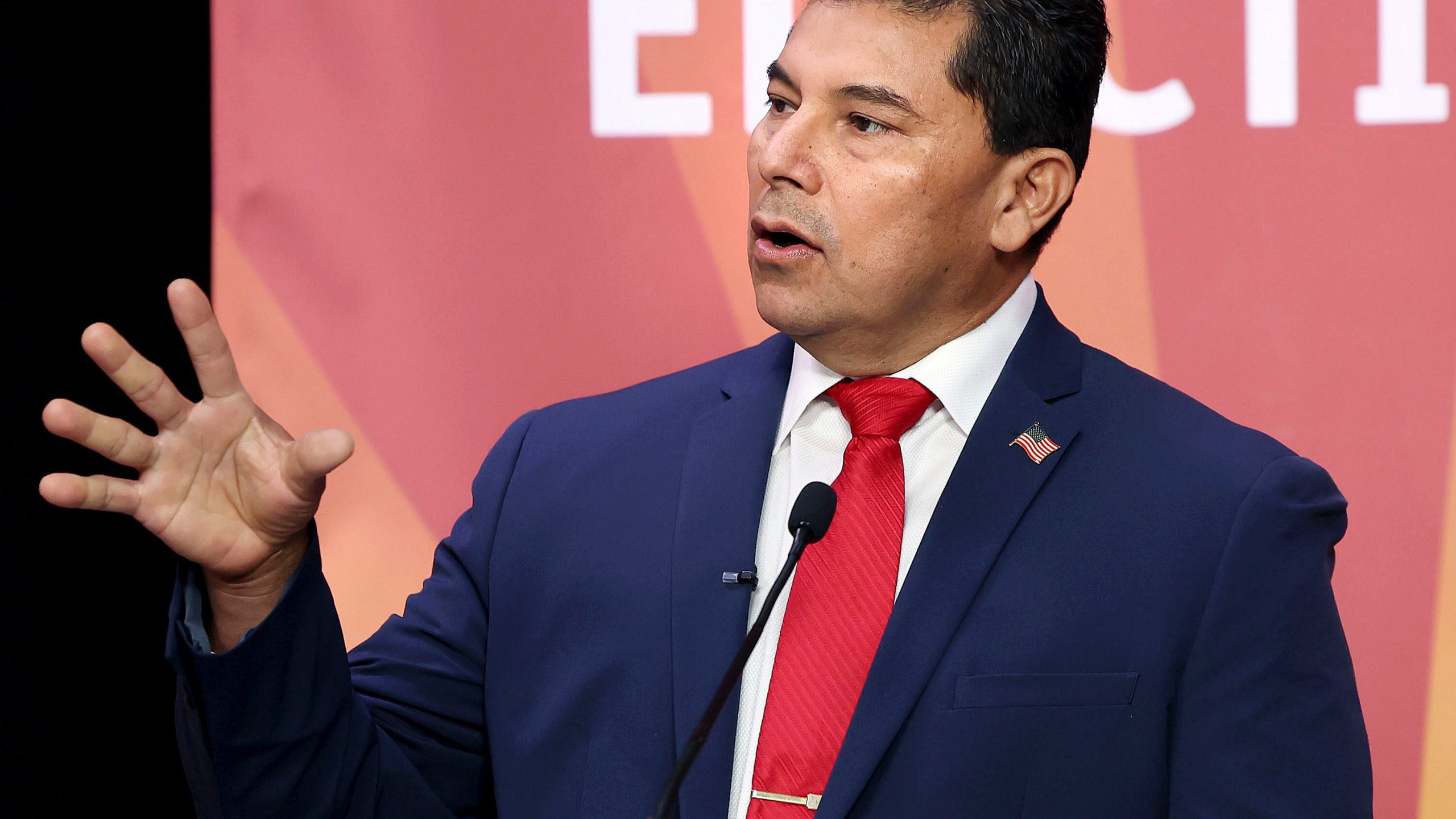 Candidate Jorge Rivas answers a question during the Republican primary debate inside the Arizona Public Media studio in Tucson, Ariz., June 9, 2025. (Mamta Popat/Arizona Daily Star via AP)