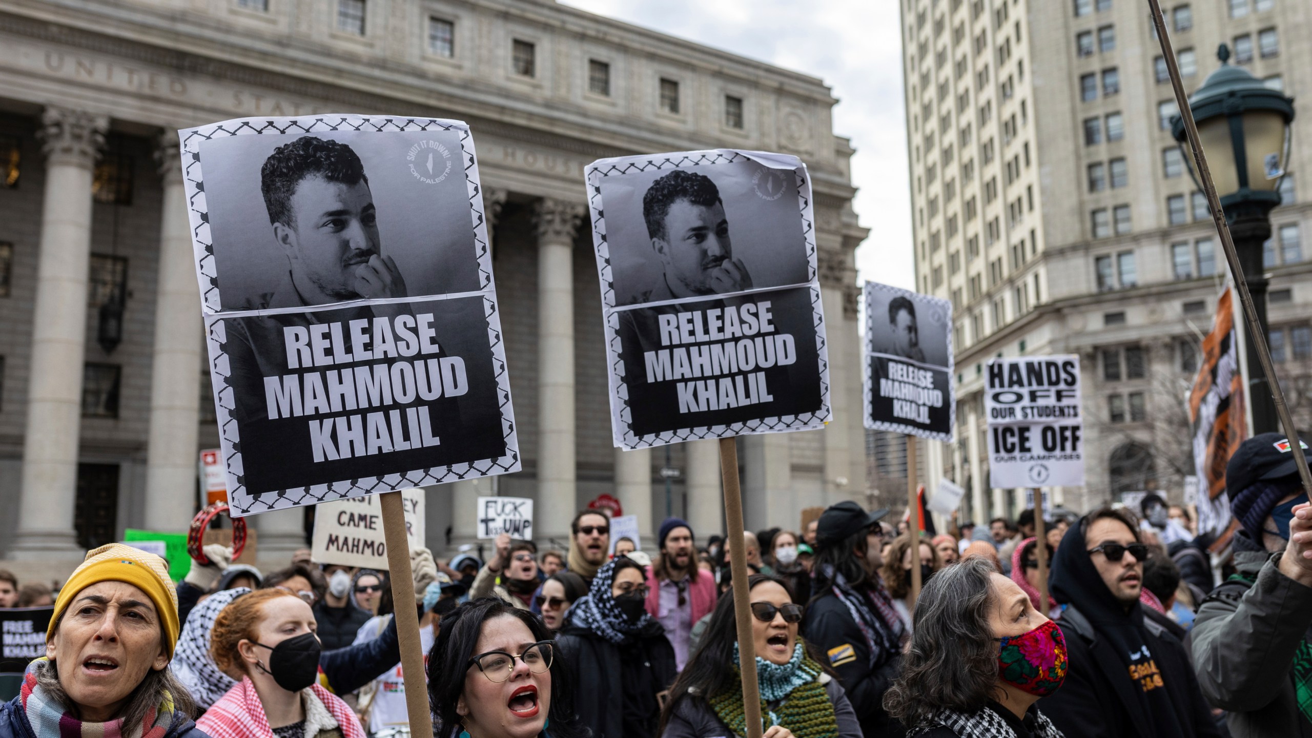 FILE - A crowd gathers in Foley Square, outside the Manhattan federal court, in support of Mahmoud Khalil, March 12, 2025, in New York. (AP Photo/Stefan Jeremiah, File)