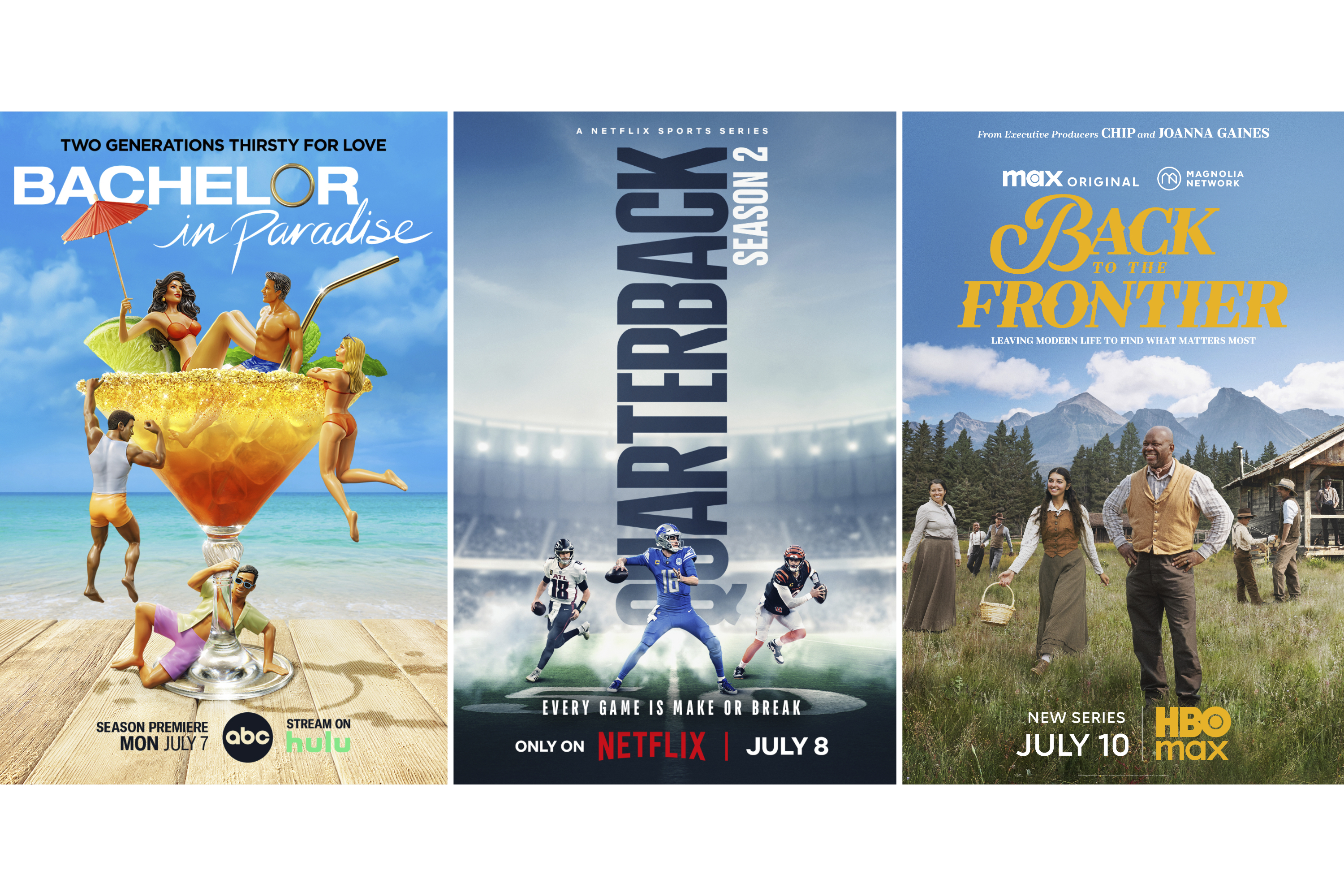 This combination of photos shows promotional art for "Bachelor in Paradise," from left, "Quarterback," and "Back To the Frontier." (ABC/Netflix/HBO Max via AP)