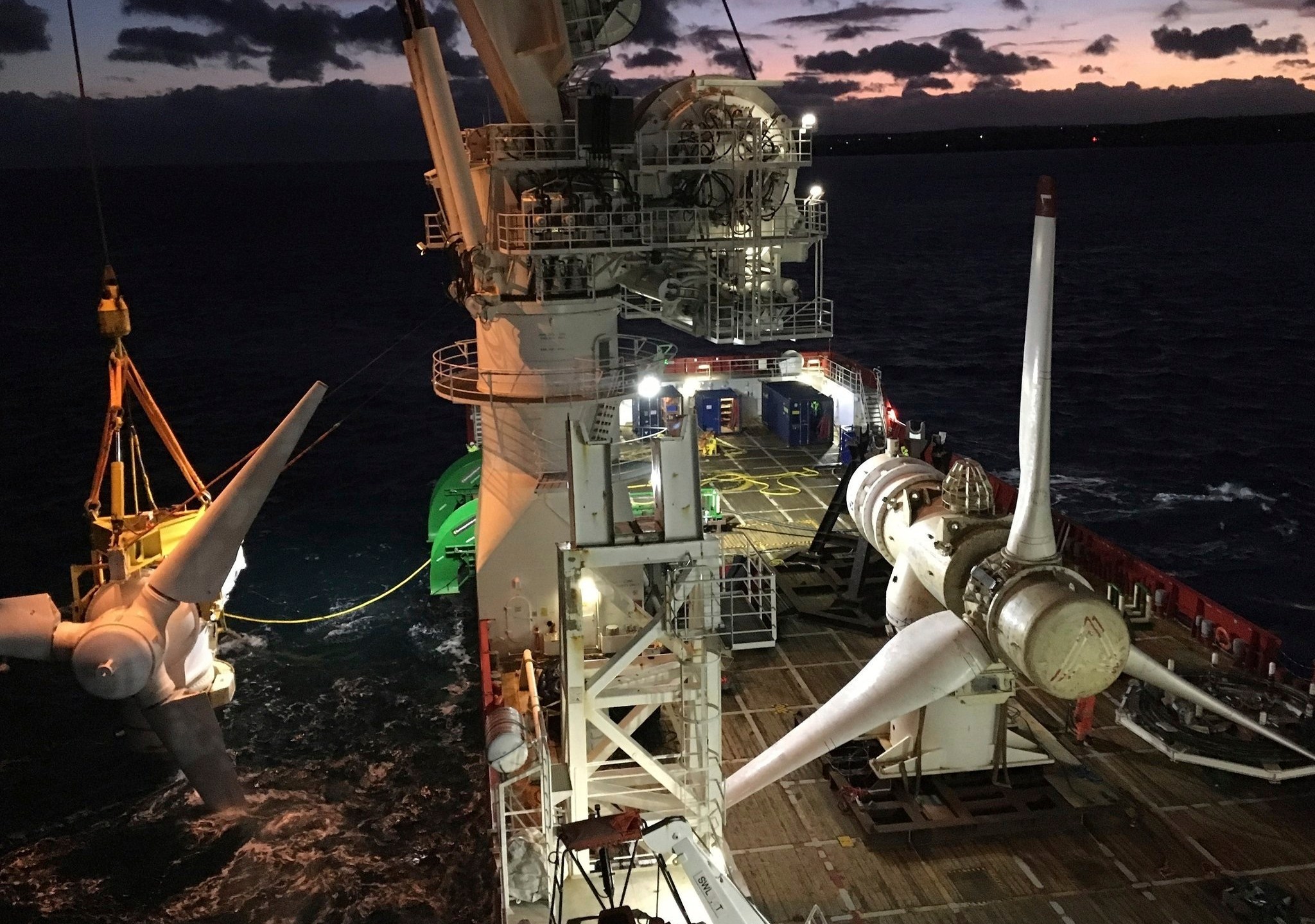 In this October 2018 photo provided by MeyGen, tidal turbines are visible at the MeyGen tidal site located in the Inner Sound of the Pentland Firth, a narrow channel of water between the Scottish mainland and Stroma Island. (Fraser Johnson/MeyGen, via AP)
