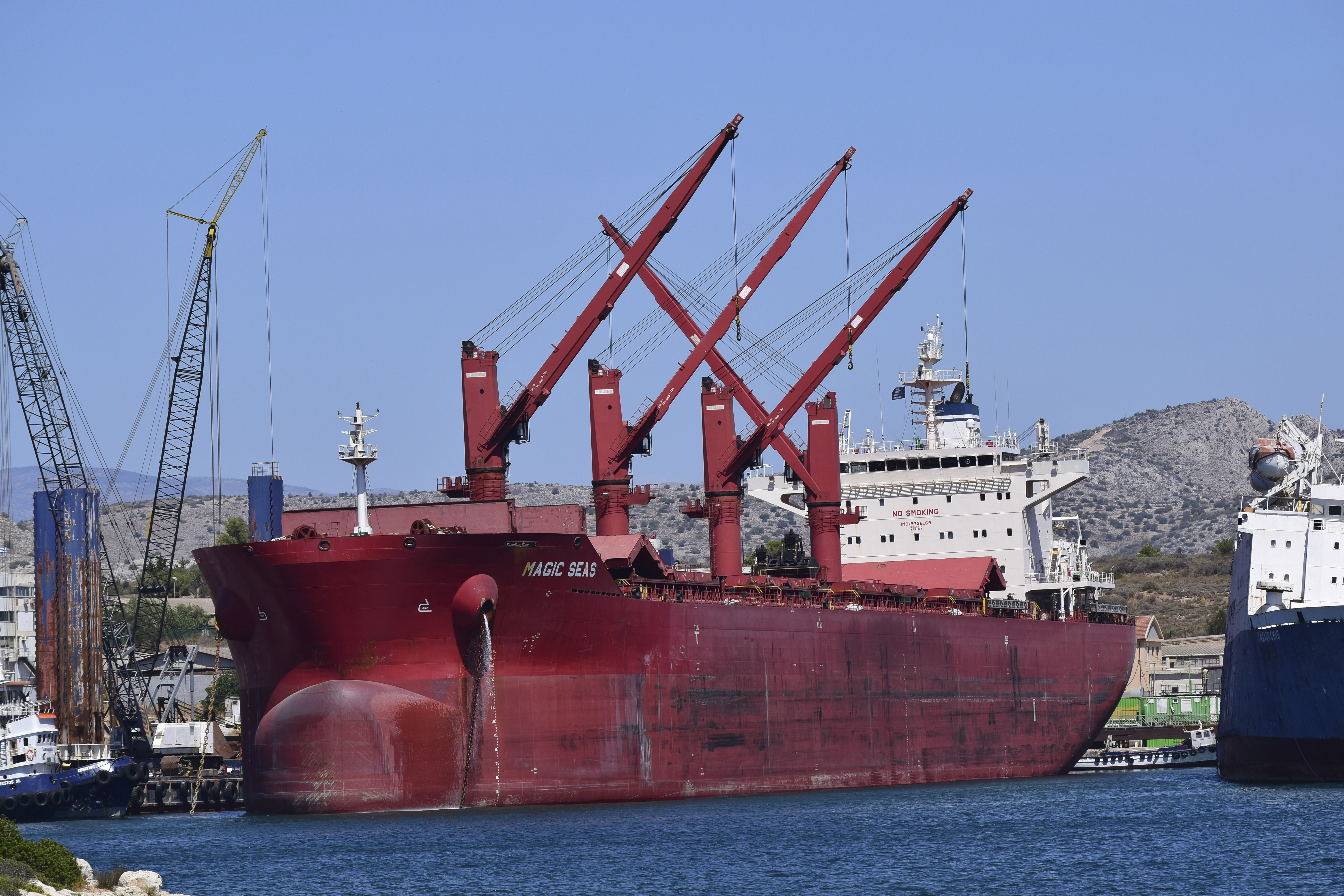 The Liberian-flagged bulk carrier Magic Seas is seen in Ambelakia Bay, Salamis Island, Greece, Aug. 9, 2022. (Nektarios Papadakis via AP)