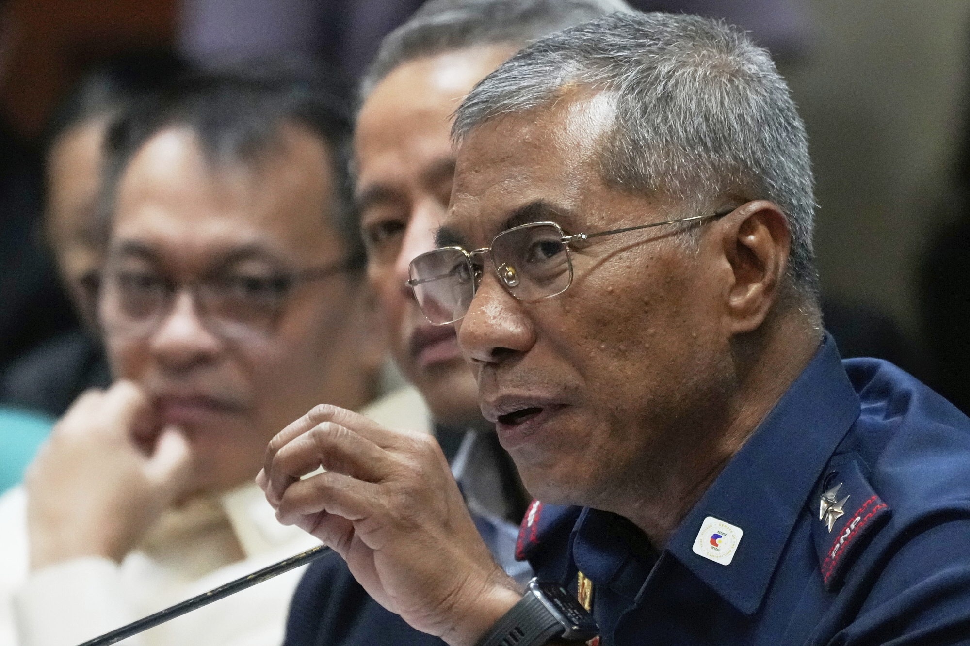 FILE - Police Brigadier General Nicolas Torre speaks during a hearing on the arrest of former Philippine President Rodrigo Duterte at the Senate Foreign Relations Committee in Manila, Philippines, March 20, 2025. (AP Photo/Aaron Favila, File)