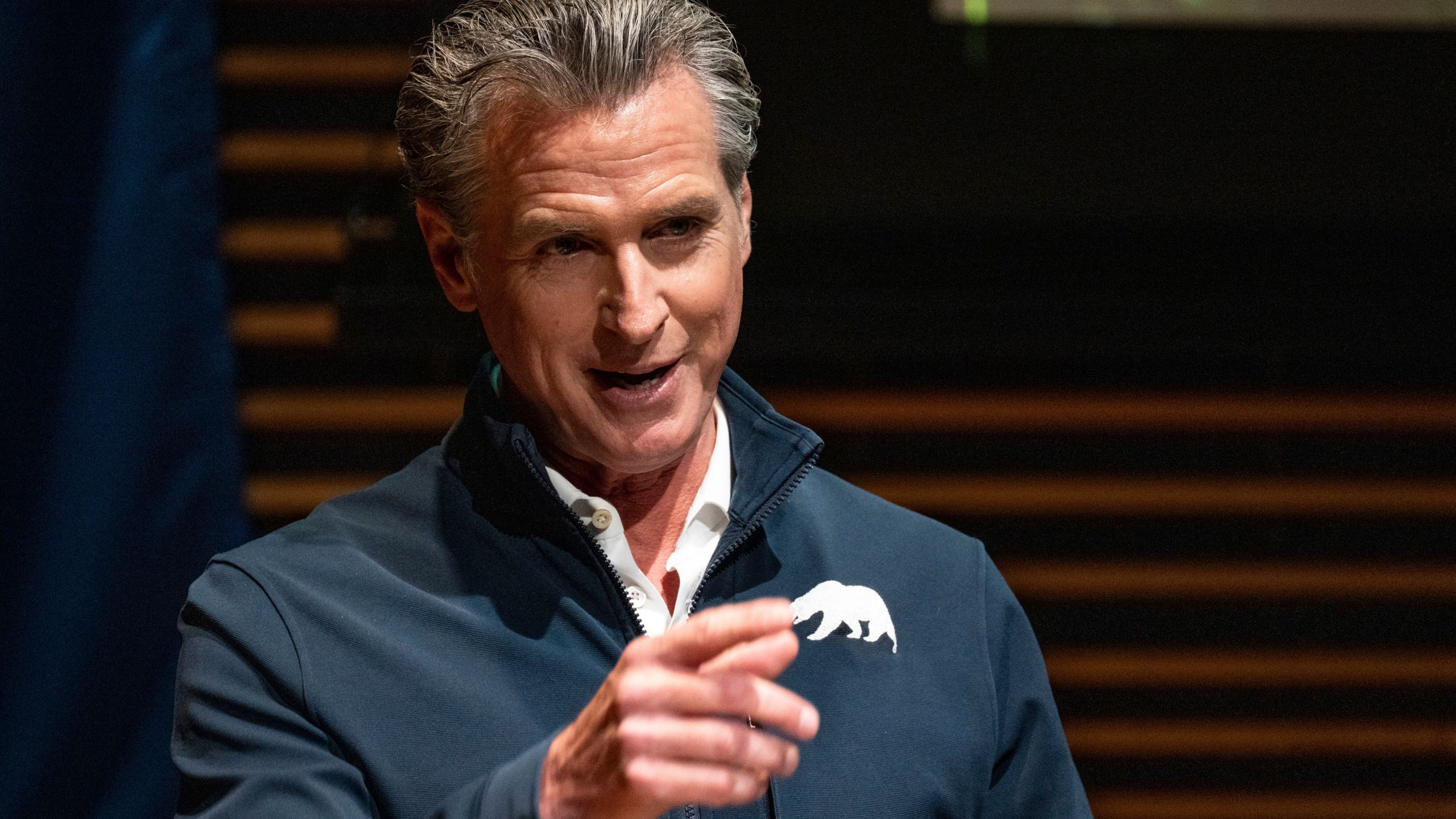 California Governor Gavin Newsom speaks at Pasadena City College on the 6 month anniversary of the Eaton and Palisades fires, Monday, July 7, 2025, in Pasadena, Calif. (David Crane/The Orange County Register via AP)