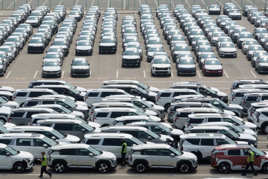 Vehicles for export are parked at a port in Pyeongtaek, South Korea, Tuesday, July 8, 2025. (AP Photo/Ahn Young-joon)