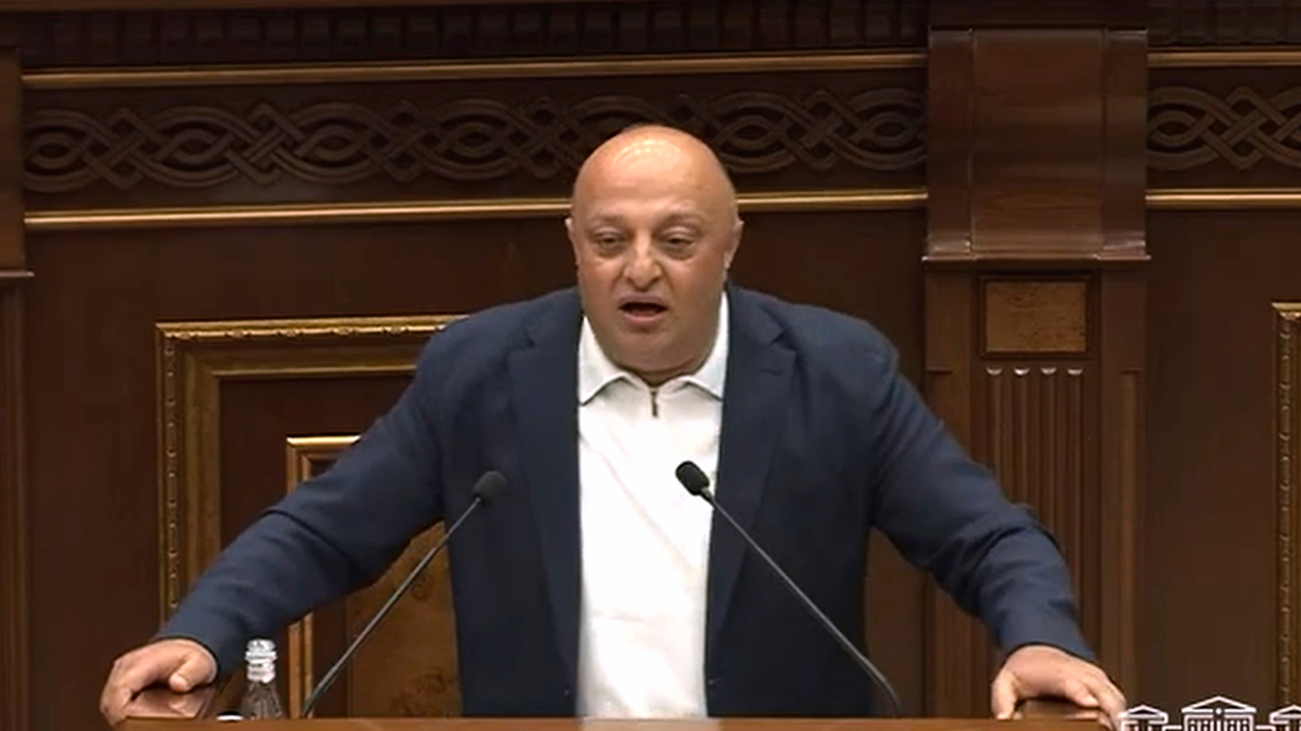 In this photo taken from video released by Armenia's National Assembly on Tuesday, July 8, 2025, Armenian lawmaker Artur Sargsyan, who represents the opposition bloc, delivers a speech at Armenia's National Assembly in Yerevan, Armenia. (Armenian National Assembly via AP)