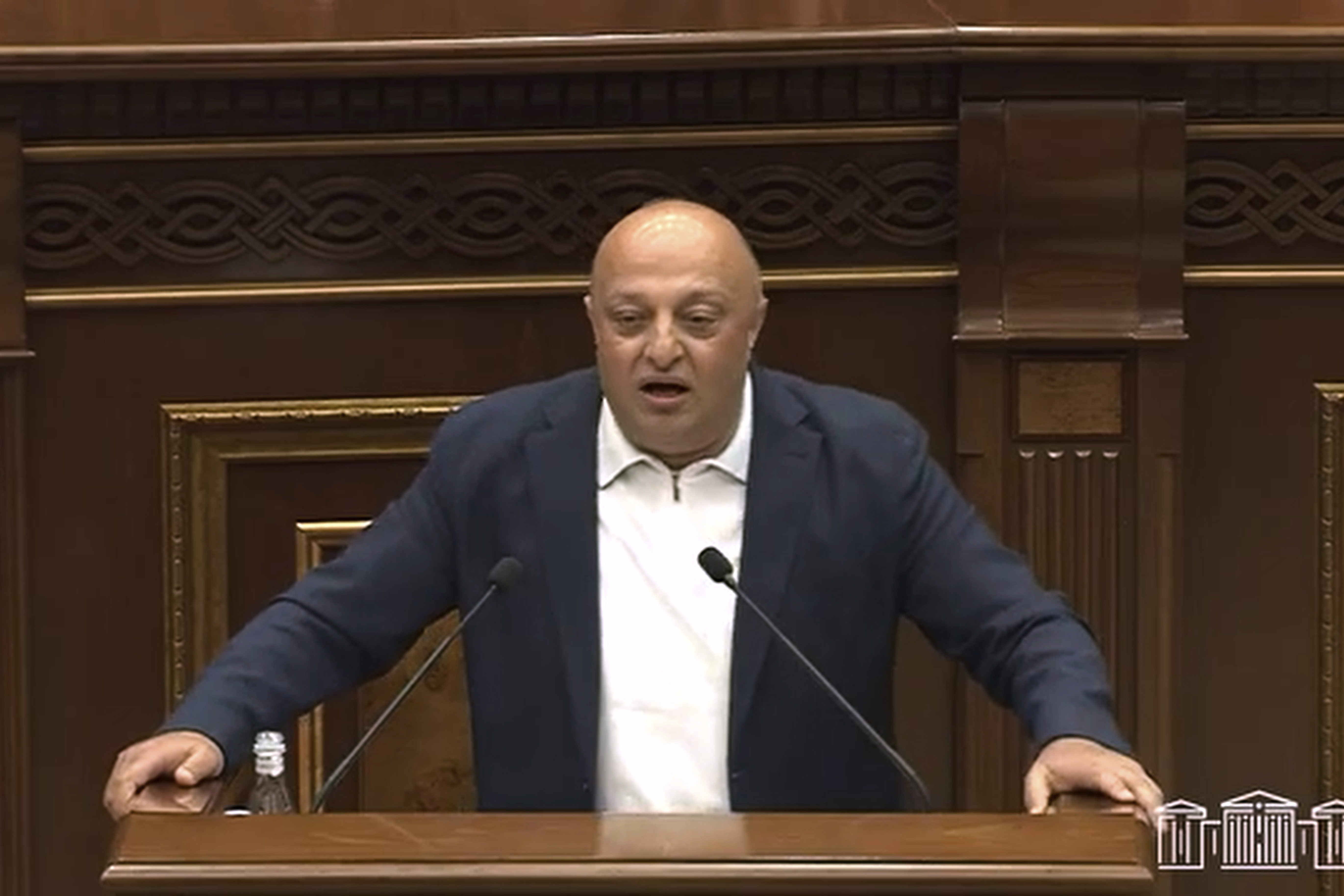In this photo taken from video released by Armenia's National Assembly on Tuesday, July 8, 2025, Armenian lawmaker Artur Sargsyan, who represents the opposition bloc, delivers a speech at Armenia's National Assembly in Yerevan, Armenia. (Armenian National Assembly via AP)