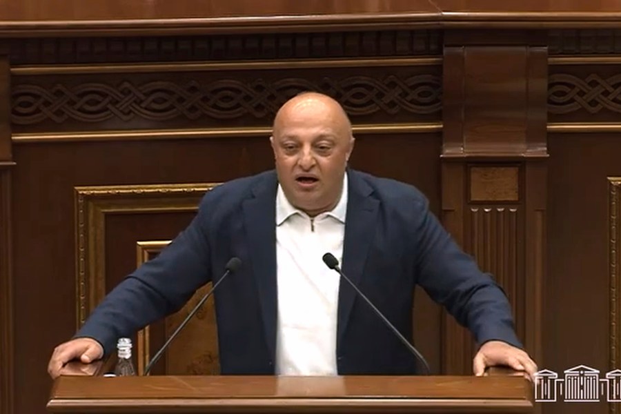 In this photo taken from video released by Armenia's National Assembly on Tuesday, July 8, 2025, Armenian lawmaker Artur Sargsyan, who represents the opposition bloc, delivers a speech at Armenia's National Assembly in Yerevan, Armenia. (Armenian National Assembly via AP)