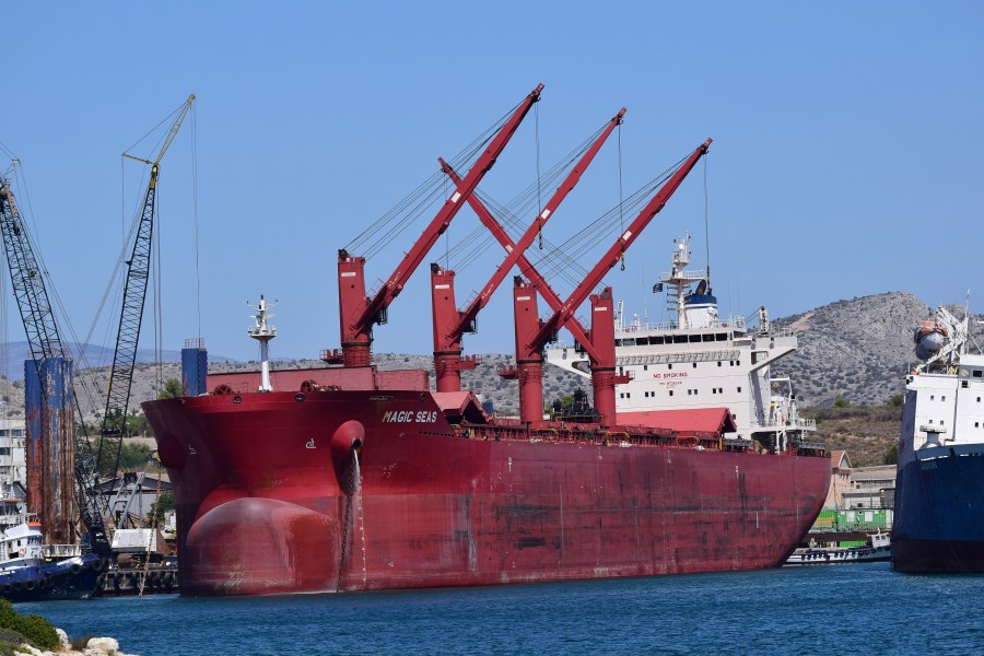 The Liberian-flagged bulk carrier Magic Seas is seen in Ambelakia Bay, Salamis Island, Greece, Aug. 9, 2022. (Nektarios Papadakis via AP)