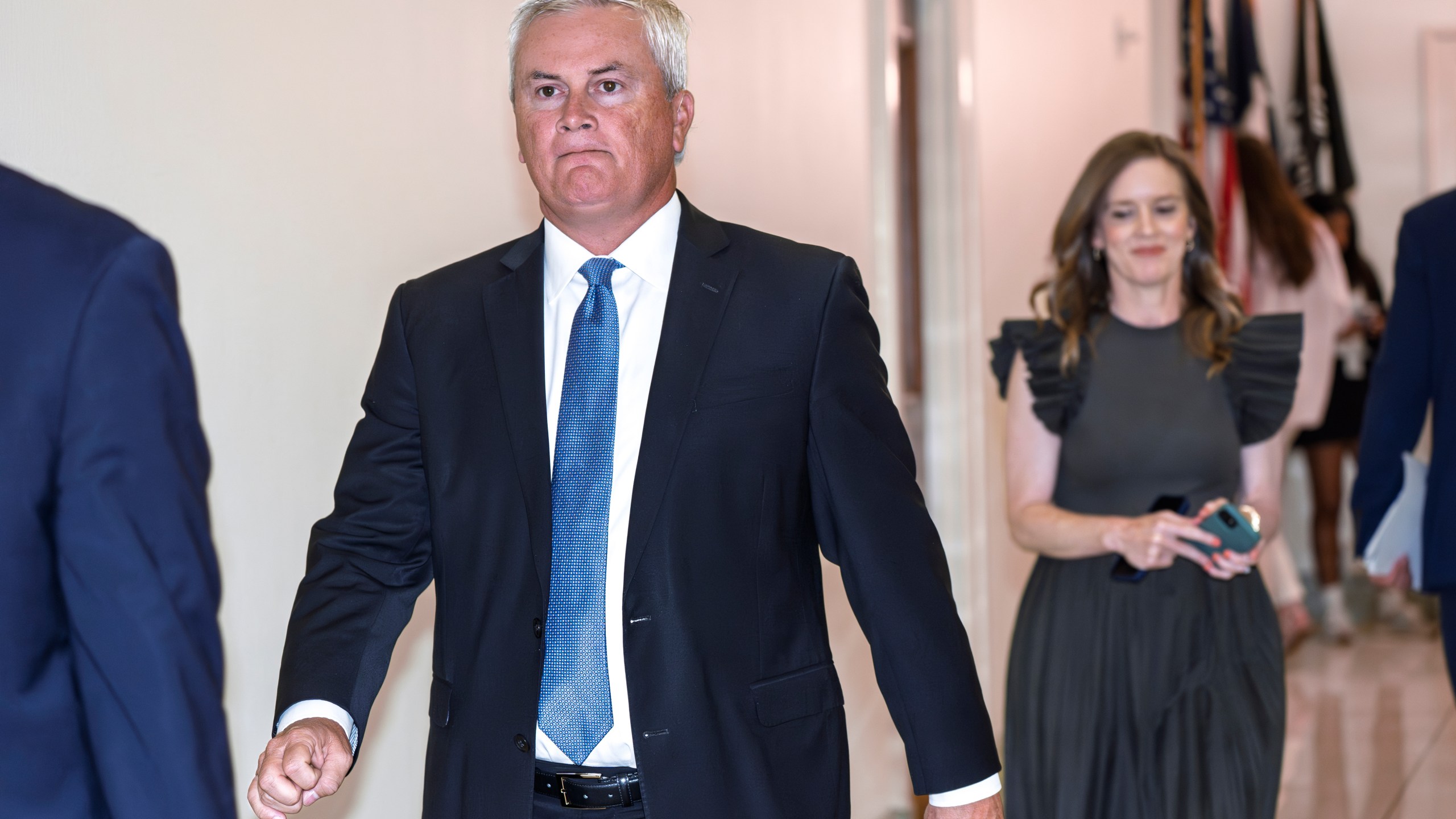 Rep. Jamie Comer, R-Ky., chairman of the House Oversight and Accountability Committee, arrives to hear testimony from former President Joe Biden's physician, Dr. Kevin O'Connor, part of a broad inquiry by House Republicans looking into Biden's mental state during his time in office, at the Capitol in Washington, Wednesday, July 9, 2025. (AP Photo/J. Scott Applewhite)