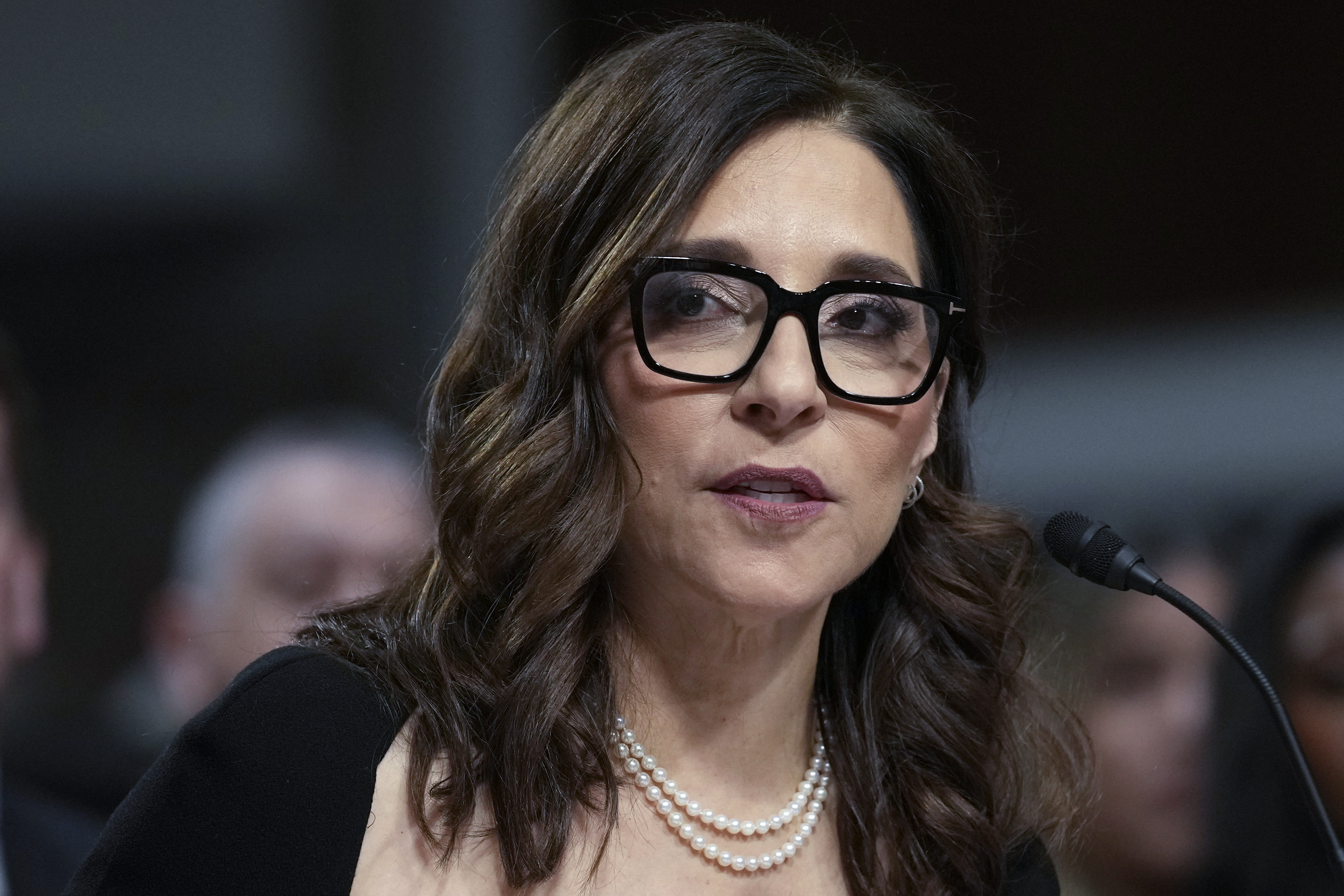 FILE - X CEO Linda Yaccarino speaks during a Senate Judiciary Committee hearing with other social media platform heads on Capitol Hill in Washington, Wednesday, Jan. 31, 2024, to discuss child safety online. (AP Photo/Susan Walsh, File)