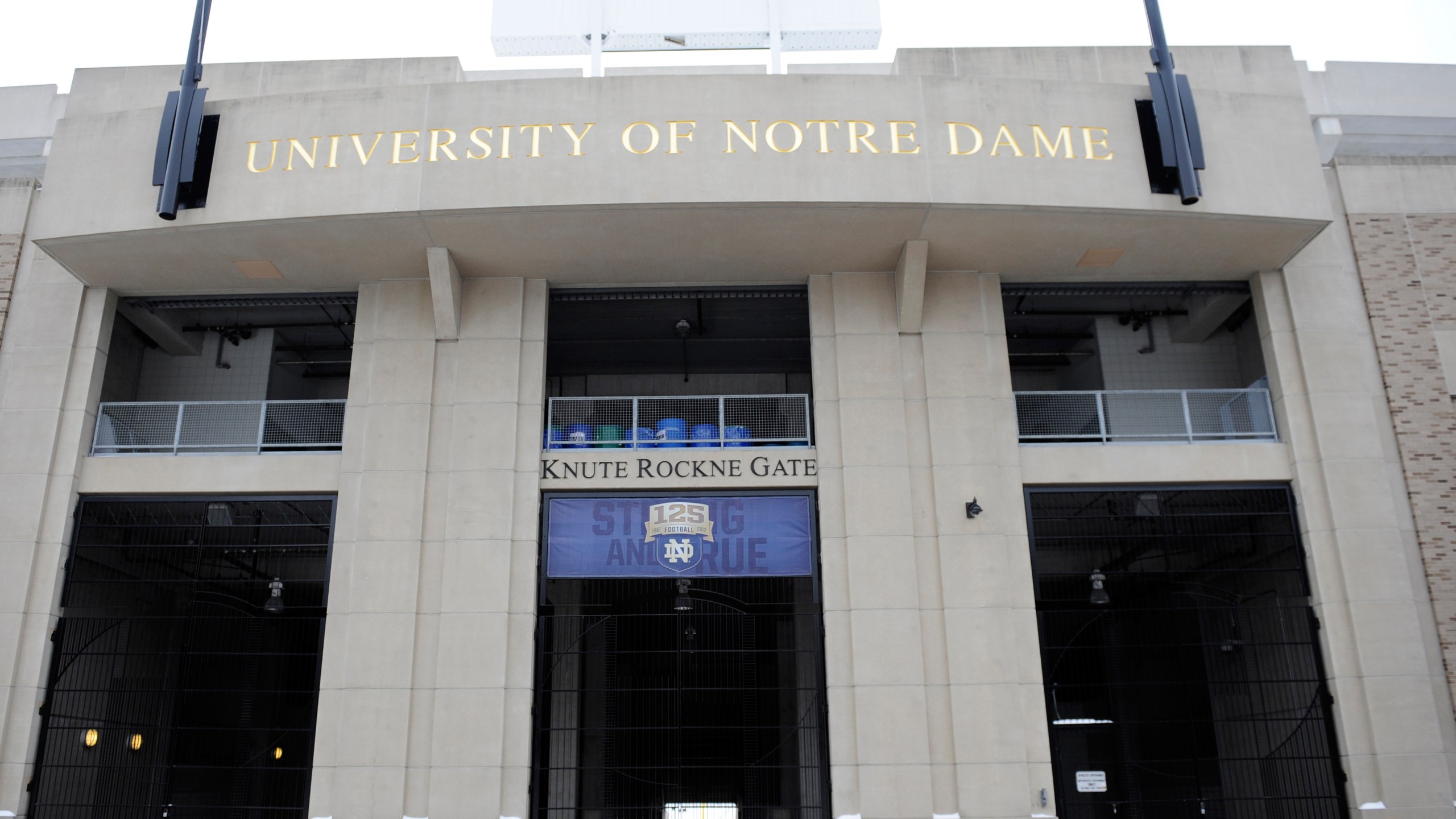 FILE - The Knute Rockne gate to Notre Dame stadium on the campus of the University of Notre Dame Dec. 27, 2012 in South Bend, Ind. (AP Photo/Joe Raymond, File)