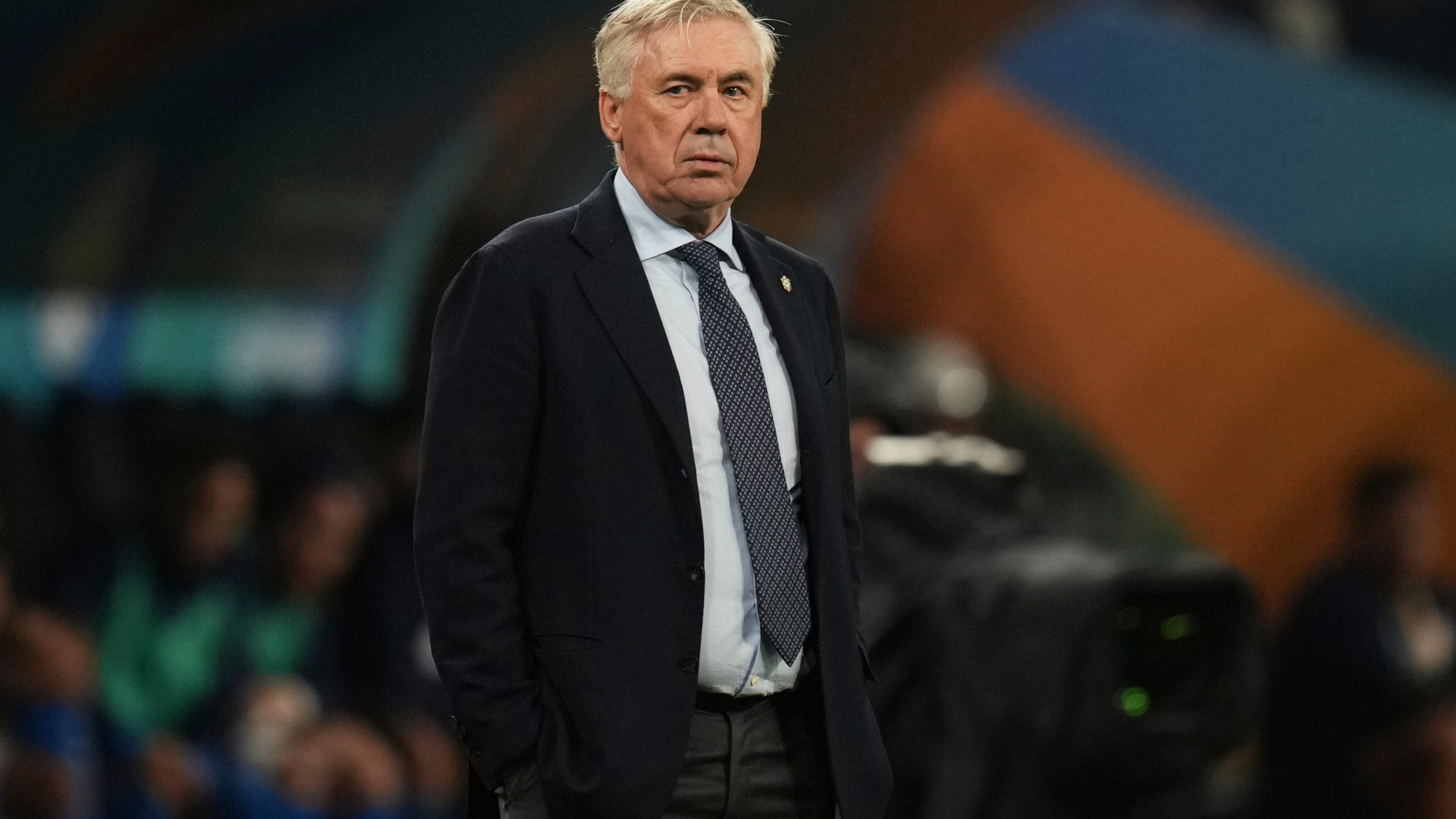 Brazil's coach Carlo Ancelotti looks on during a World Cup 2026 qualifying soccer match against Paraguay at Neo Quimica Arena in Sao Paulo, Tuesday, June 10, 2025. (AP Photo/Andre Penner)