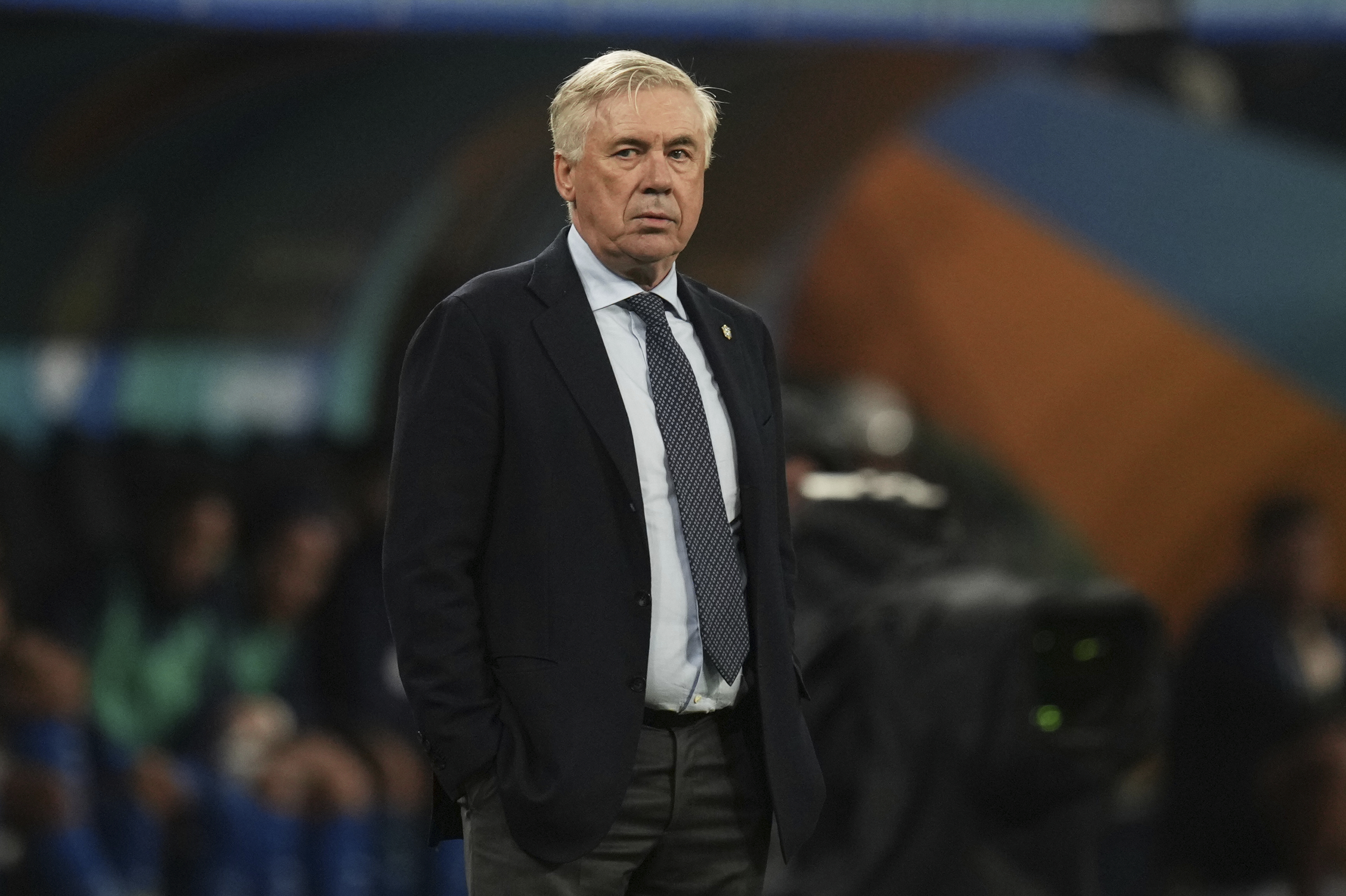 Brazil's coach Carlo Ancelotti looks on during a World Cup 2026 qualifying soccer match against Paraguay at Neo Quimica Arena in Sao Paulo, Tuesday, June 10, 2025. (AP Photo/Andre Penner)