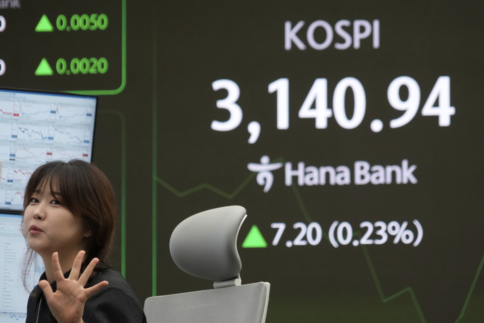A currency trader works near a screen showing the Korea Composite Stock Price Index (KOSPI) at the foreign exchange dealing room of the KEB Hana Bank headquarters in Seoul, South Korea, Thursday, July 10, 2025. (AP Photo/Ahn Young-joon)