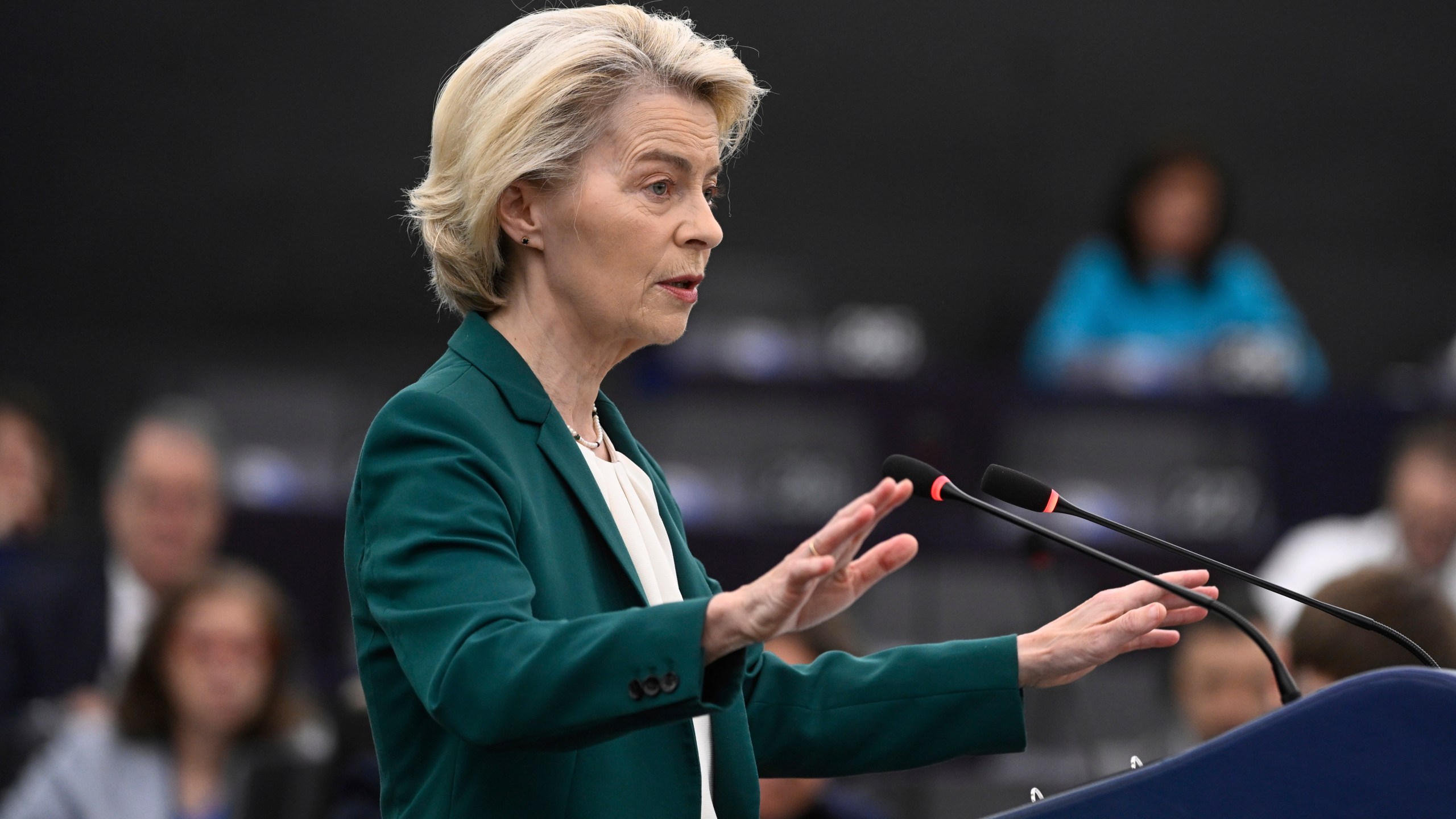 European Commission president Ursula von der Leyen delivers her speech during a statement on the preparation for the EU–China Summit, Tuesday, July 8, 2025 at the European Parliament in Strasbourg, eastern France. (AP Photo/Pascal Bastien)