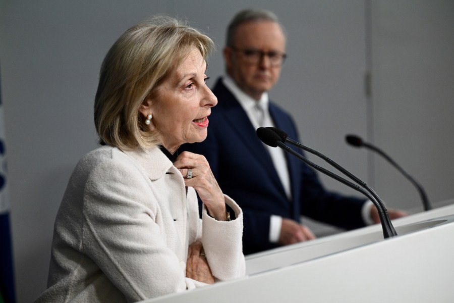 Special Envoy to Combat Antisemitism Jillian Segal, left, is watched by Australian Prime Minister Anthony Albanese during a press conference at the Commonwealth Parliamentary Offices in Sydney, Thursday, July 10, 2025. (Dan Himbrechts/AAPImage via AP)