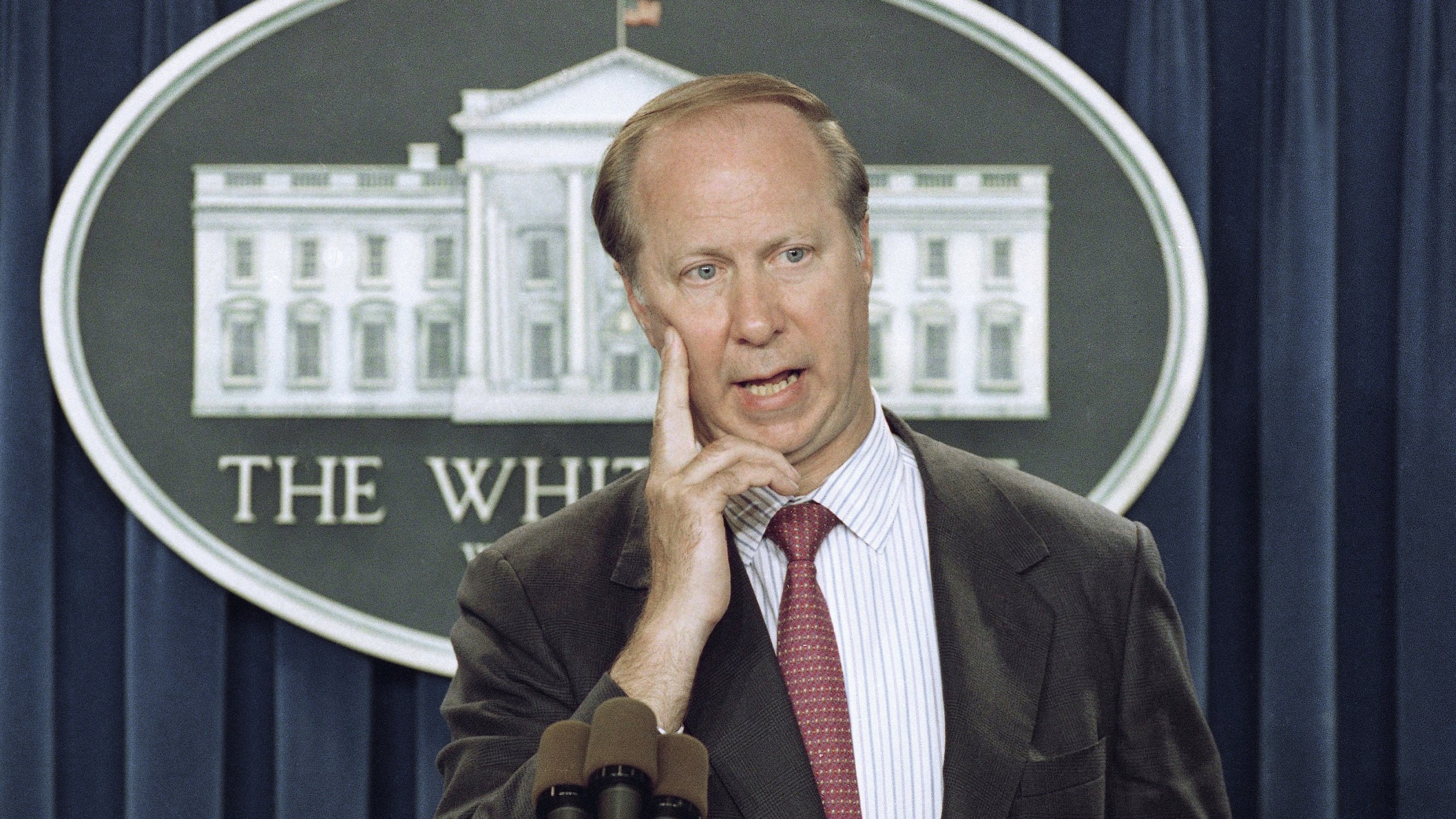 FILE - David Gergen answers a reporter's question in the briefing room of the White House in Washington on June 7, 1993. (AP Photo/Doug Mills, File)