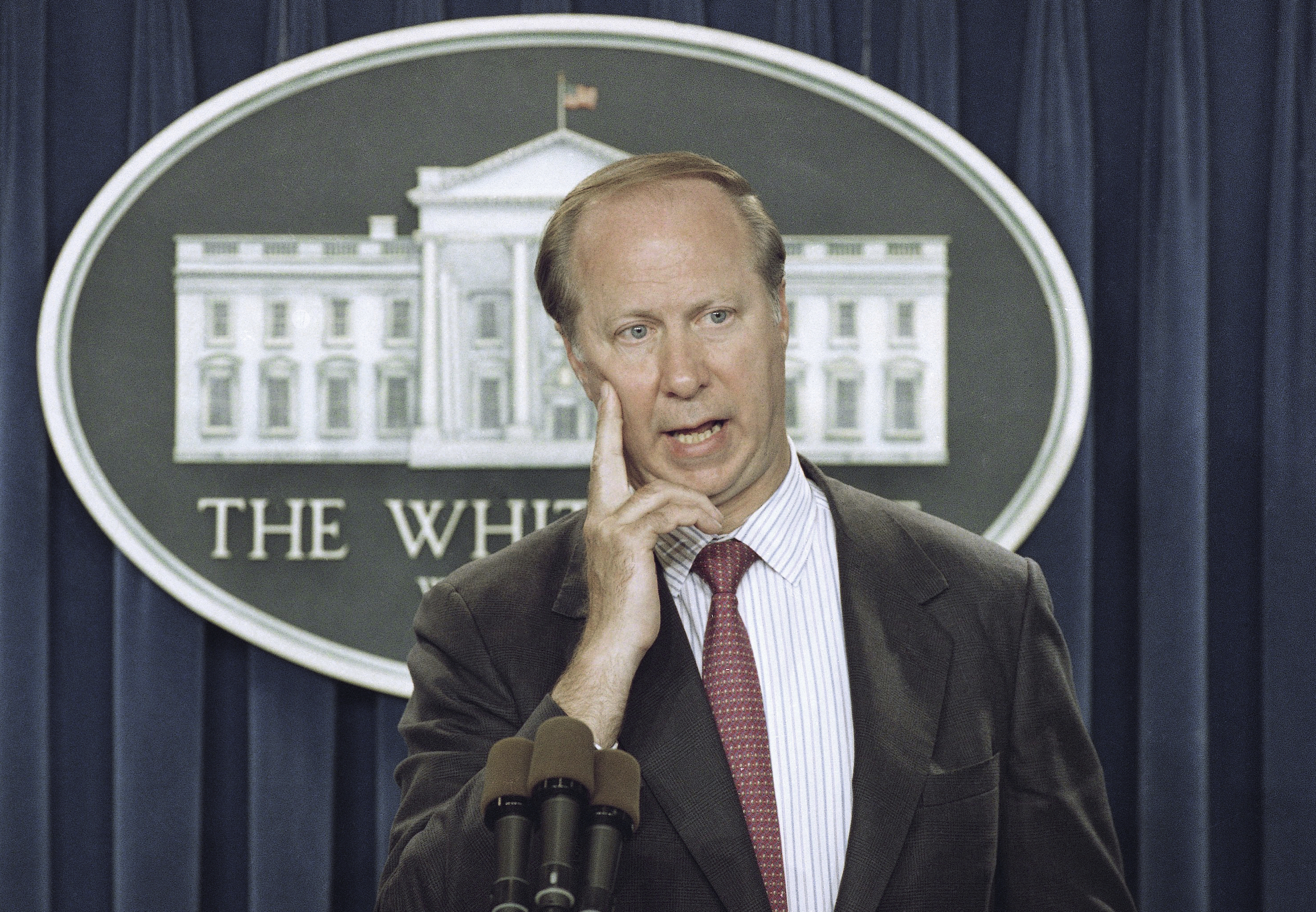 FILE - David Gergen answers a reporter's question in the briefing room of the White House in Washington on June 7, 1993. (AP Photo/Doug Mills, File)