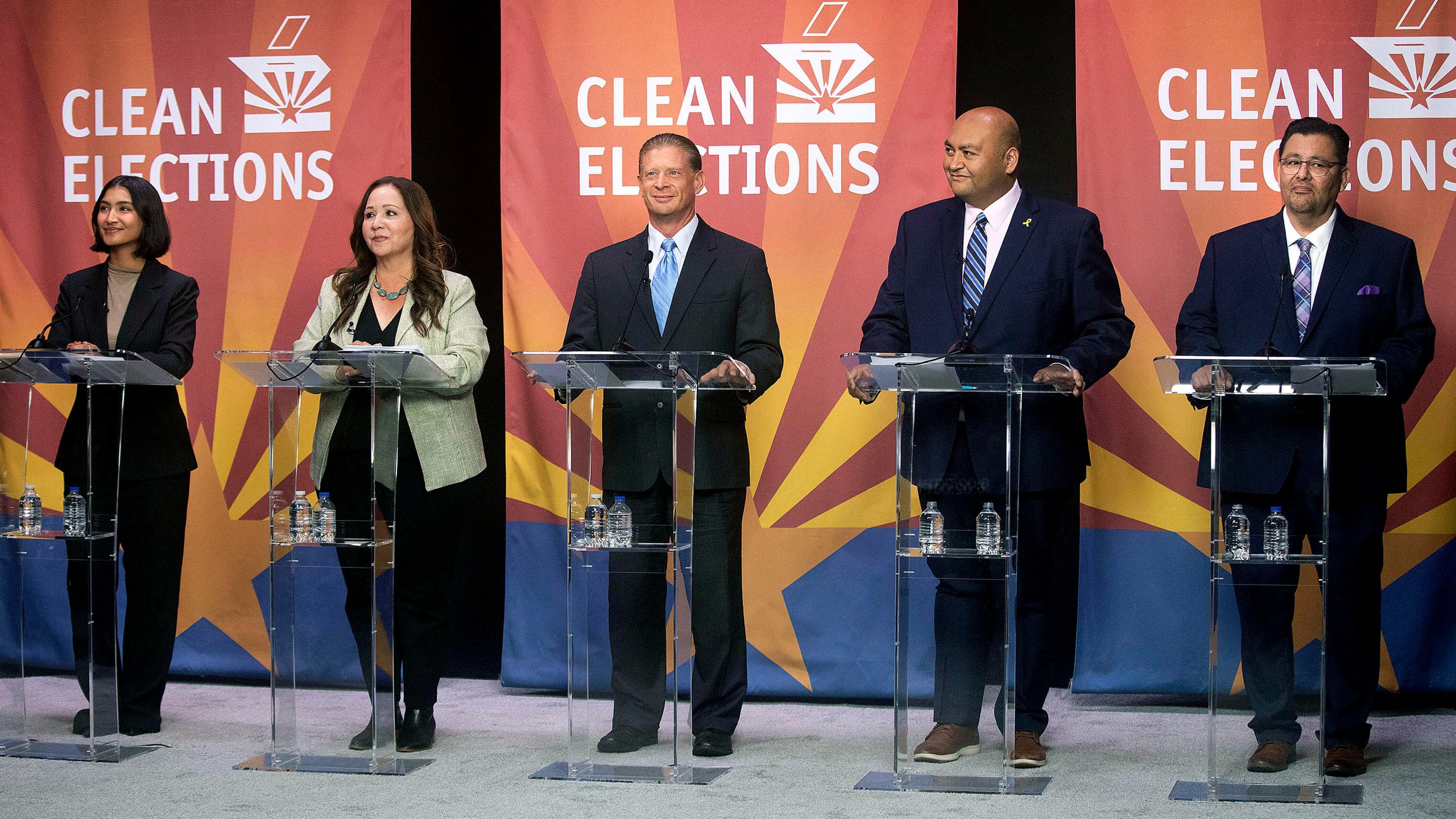FILE - From left to right, Deja Foxx, Adelita Grijalva, Patrick Harris Sr., Daniel Hernandez Jr. and Jose Malvido Jr. during the Democratic primary debate inside the Arizona Public Media studio in Tucson, Ariz., on June 10, 2025. (Mamta Popat/Arizona Daily Star via AP, File)