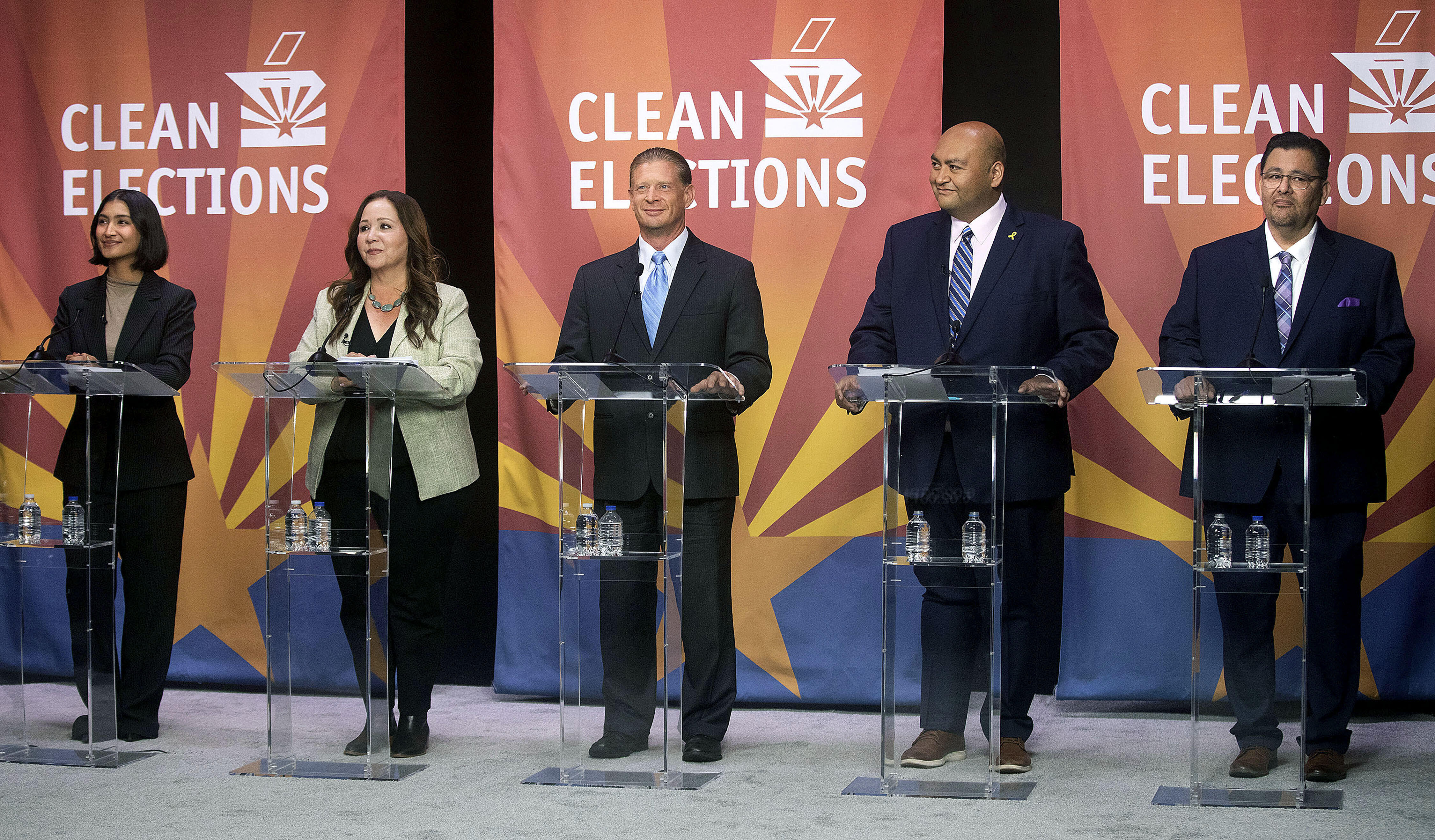 FILE - From left to right, Deja Foxx, Adelita Grijalva, Patrick Harris Sr., Daniel Hernandez Jr. and Jose Malvido Jr. during the Democratic primary debate inside the Arizona Public Media studio in Tucson, Ariz., on June 10, 2025. (Mamta Popat/Arizona Daily Star via AP, File)