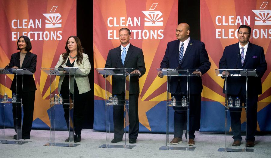 FILE - From left to right, Deja Foxx, Adelita Grijalva, Patrick Harris Sr., Daniel Hernandez Jr. and Jose Malvido Jr. during the Democratic primary debate inside the Arizona Public Media studio in Tucson, Ariz., on June 10, 2025. (Mamta Popat/Arizona Daily Star via AP, File)