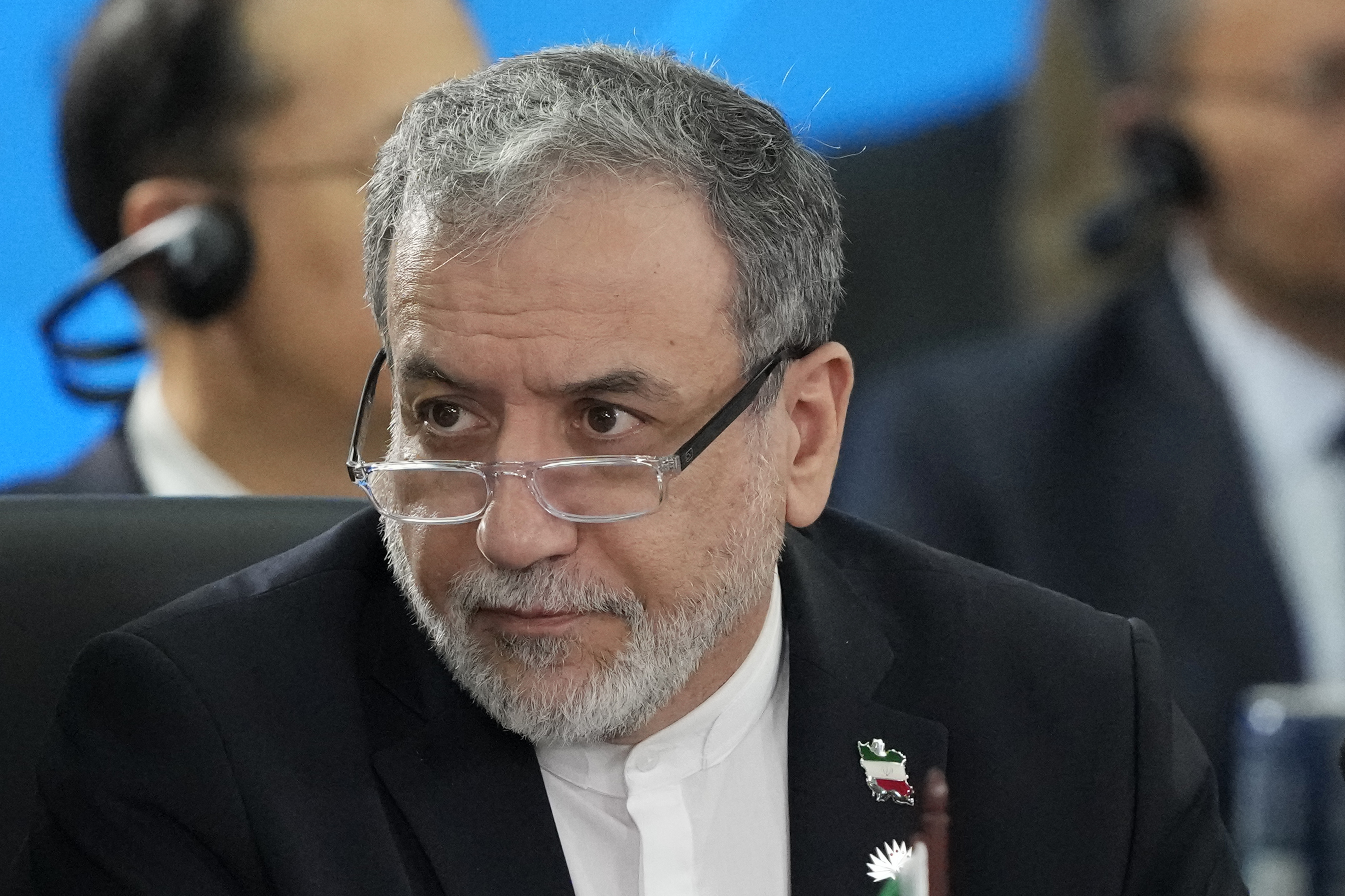 Iran's Foreign Minister Abbas Araghchi attends the 17th annual BRICS summit in Rio de Janeiro, Brazil, Monday, July 7, 2025. (AP Photo/Eraldo Peres)