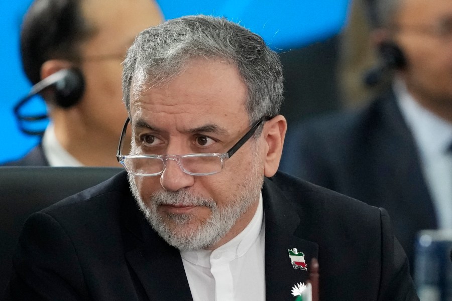 Iran's Foreign Minister Abbas Araghchi attends the 17th annual BRICS summit in Rio de Janeiro, Brazil, Monday, July 7, 2025. (AP Photo/Eraldo Peres)