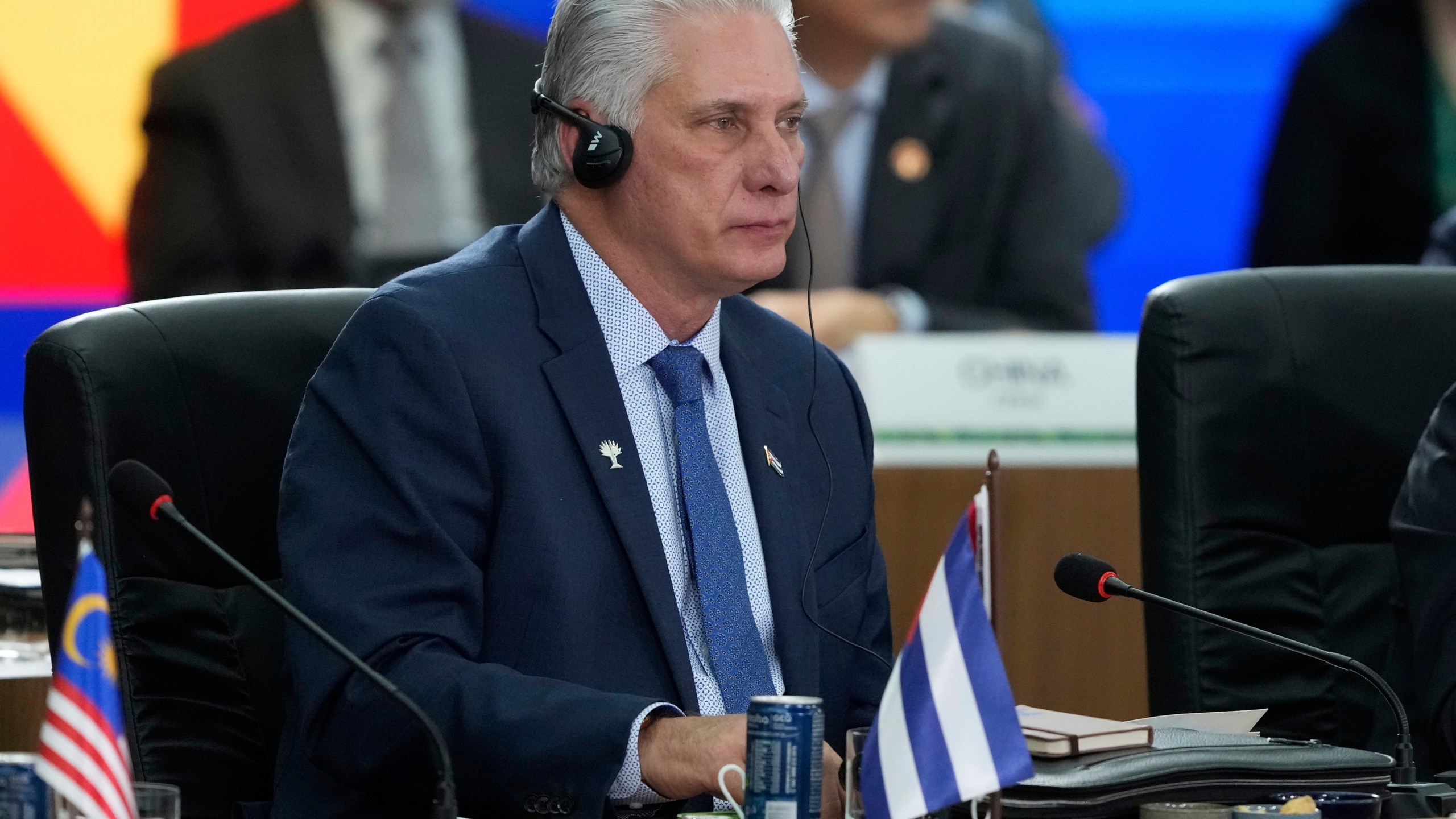 Cuba's President Miguel Diaz-Canel attends the 17th annual BRICS summit in Rio de Janeiro, Sunday, July 6, 2025. (AP Photo/Eraldo Peres)