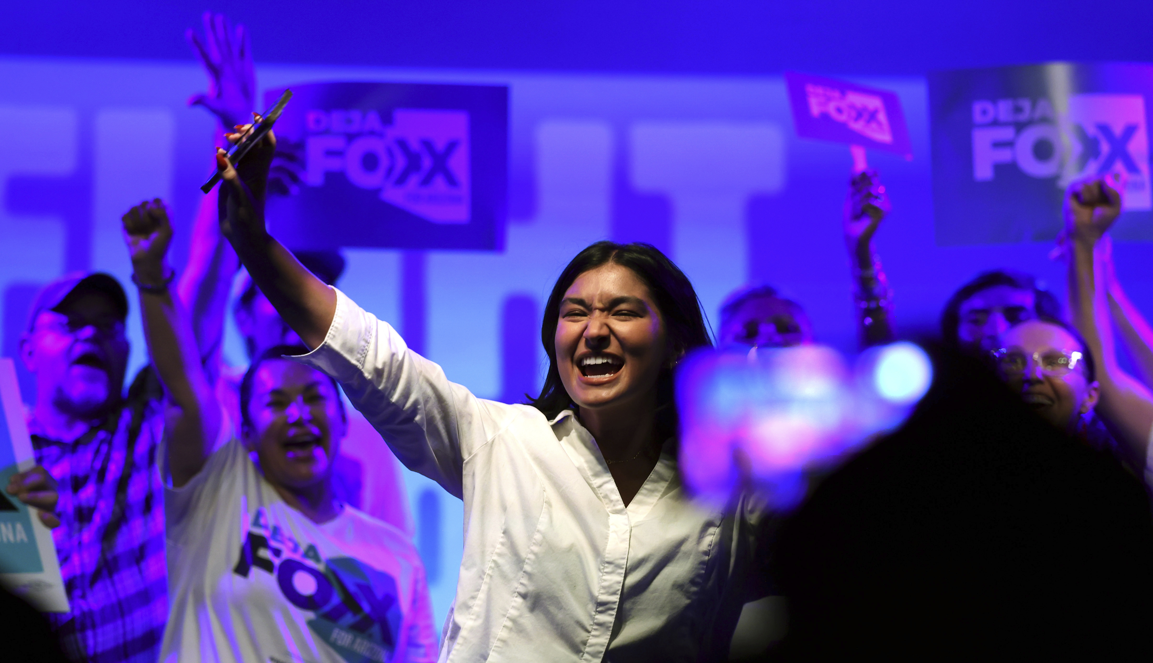Deja Foxx, Democratic candidate for the CD 7 special election, gets her supporters fired up as she brings her rally to an end in Tucson, Ariz., Friday, July 11, 2025. (Kelly Presnell/Arizona Daily Star via AP)