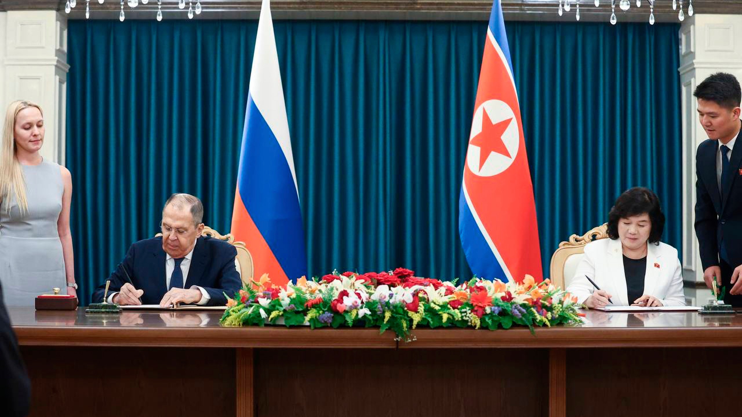 In this photo released by Russian Foreign Ministry Press Service, Russian Foreign Minister Sergey Lavrov, left, and North Korean Foreign Minister Choe Son Hui, right, attend a signing ceremony following their talks in Wonsan, North Korea, on Saturday, July 12, 2025. (Russian Foreign Ministry Press Service via AP)