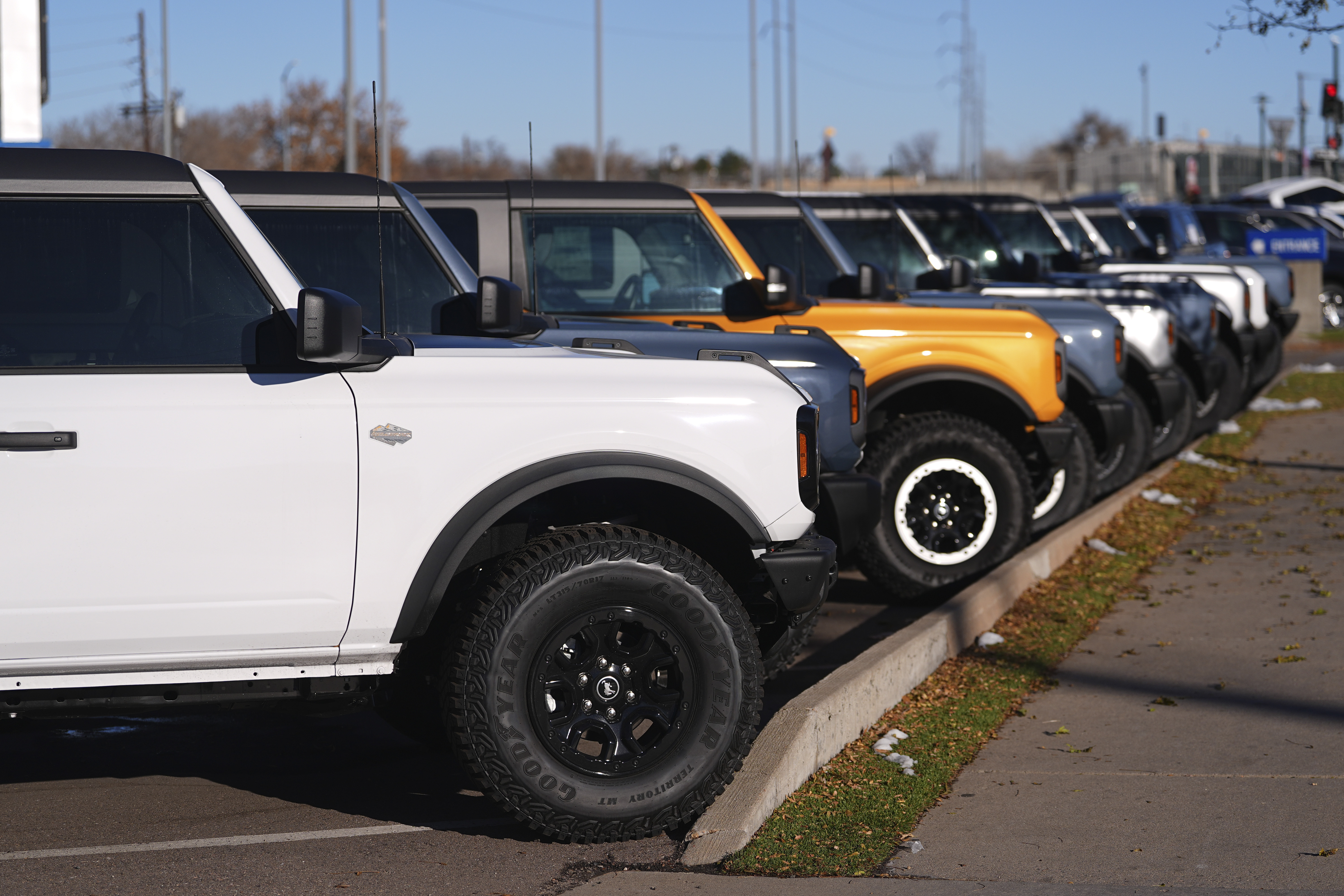 FILE - A long line of unsold 2024 Bronco utility vehicles sit on display at Ford dealership in Denver, Nov. 28, 2024. (AP Photo/David Zalubowski, File)