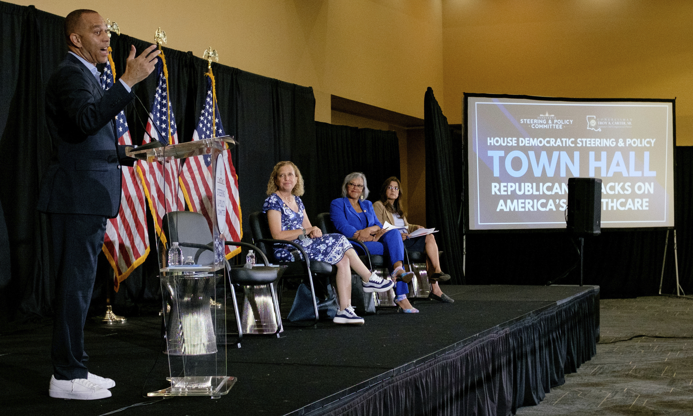 House Minority Leader Hakeem Jeffries leads a health care town hall with U.S. Rep Troy Carter, D-La., at Xavier University in New Orleans, Thursday, July 10, 2025. (John McCusker/The Times-Picayune/The New Orleans Advocate via AP)