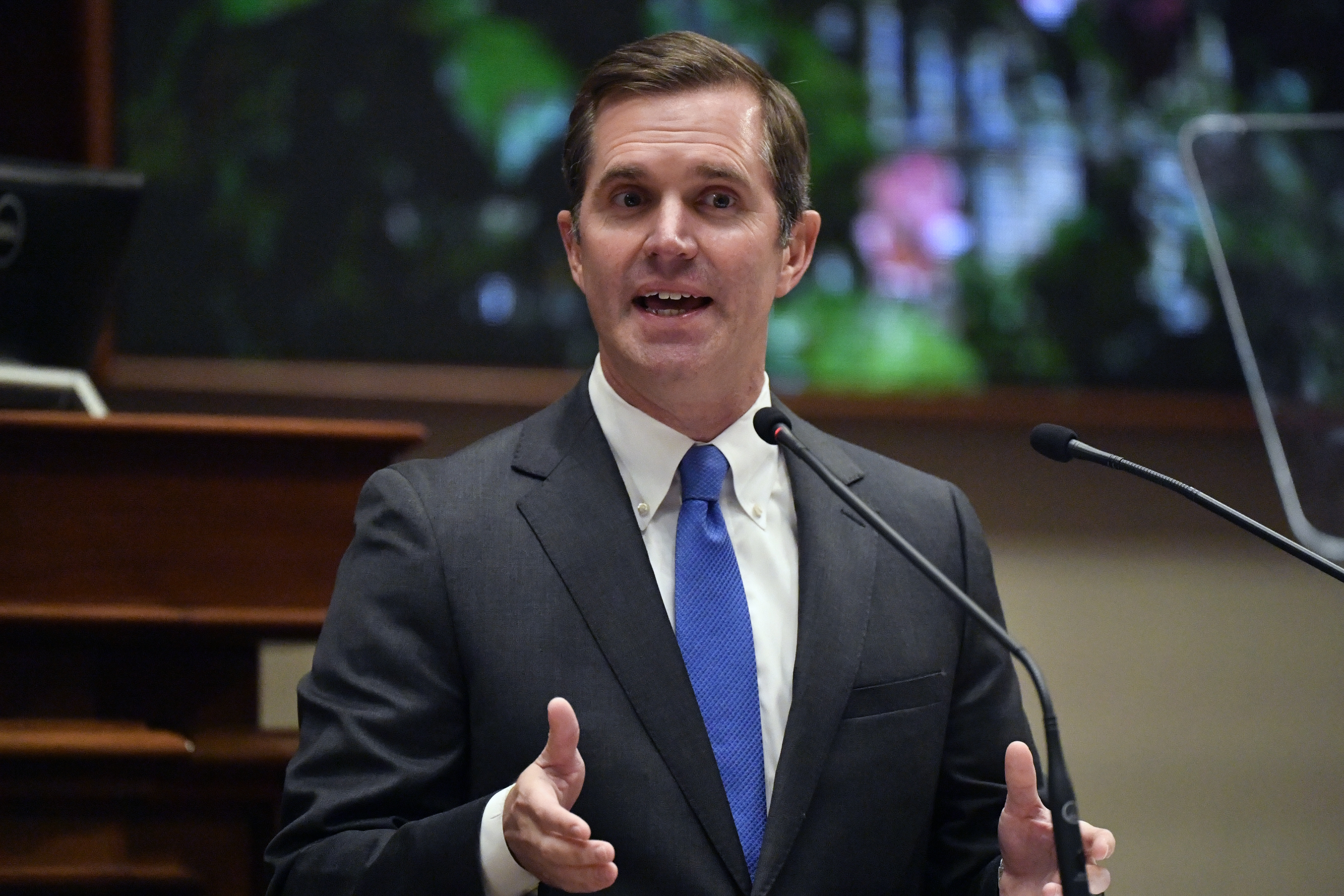 FILE - Kentucky Gov. Andy Beshear delivers his State of The Commonwealth address in the House chamber at the State Capitol in Frankfort, Ky., Jan. 8, 2025. (AP Photo/Timothy D. Easley, File)