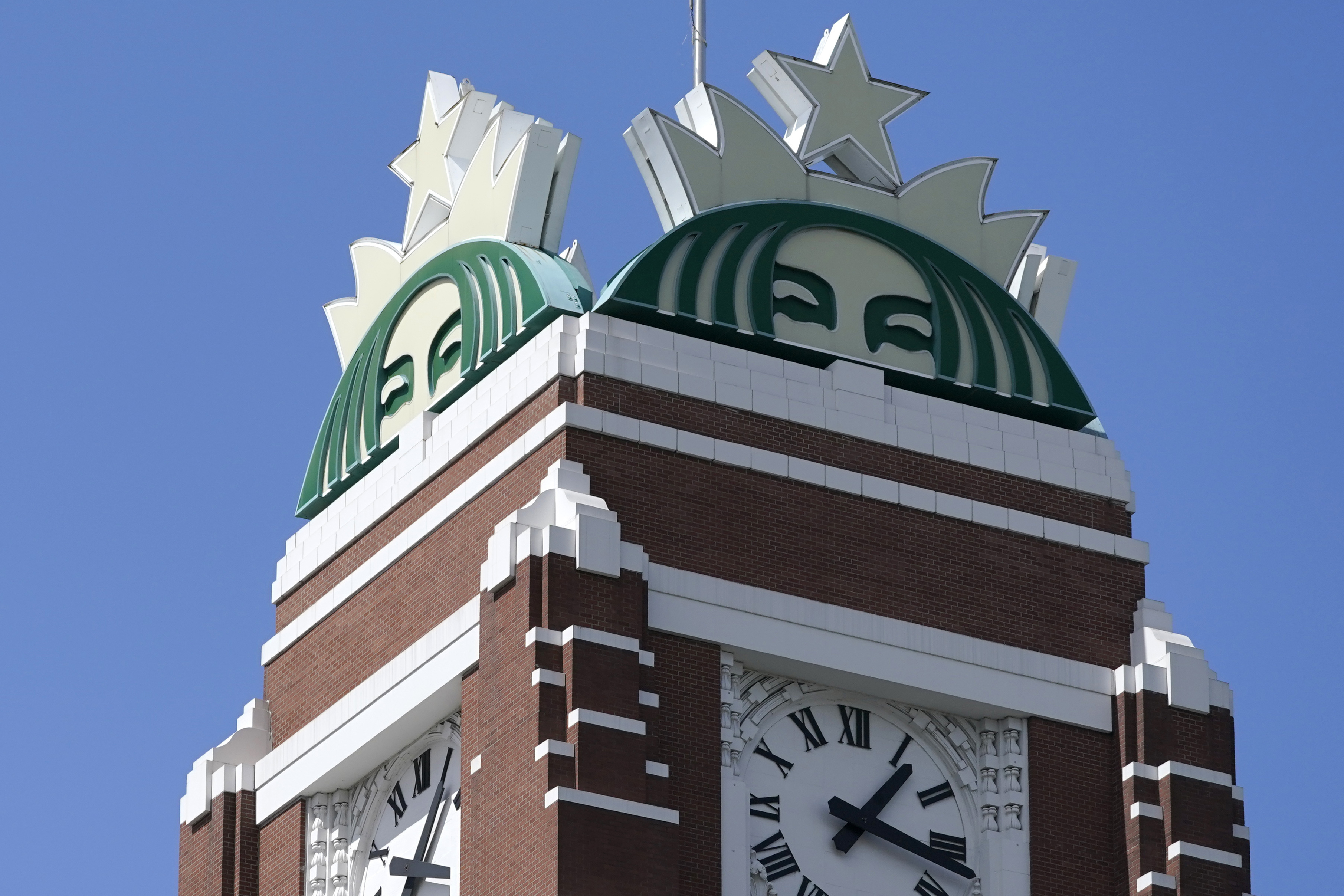FILE - The Starbucks mermaid logo is displayed at the company's corporate headquarters in Seattle on April 26, 2021. (AP Photo/Ted S. Warren, File)