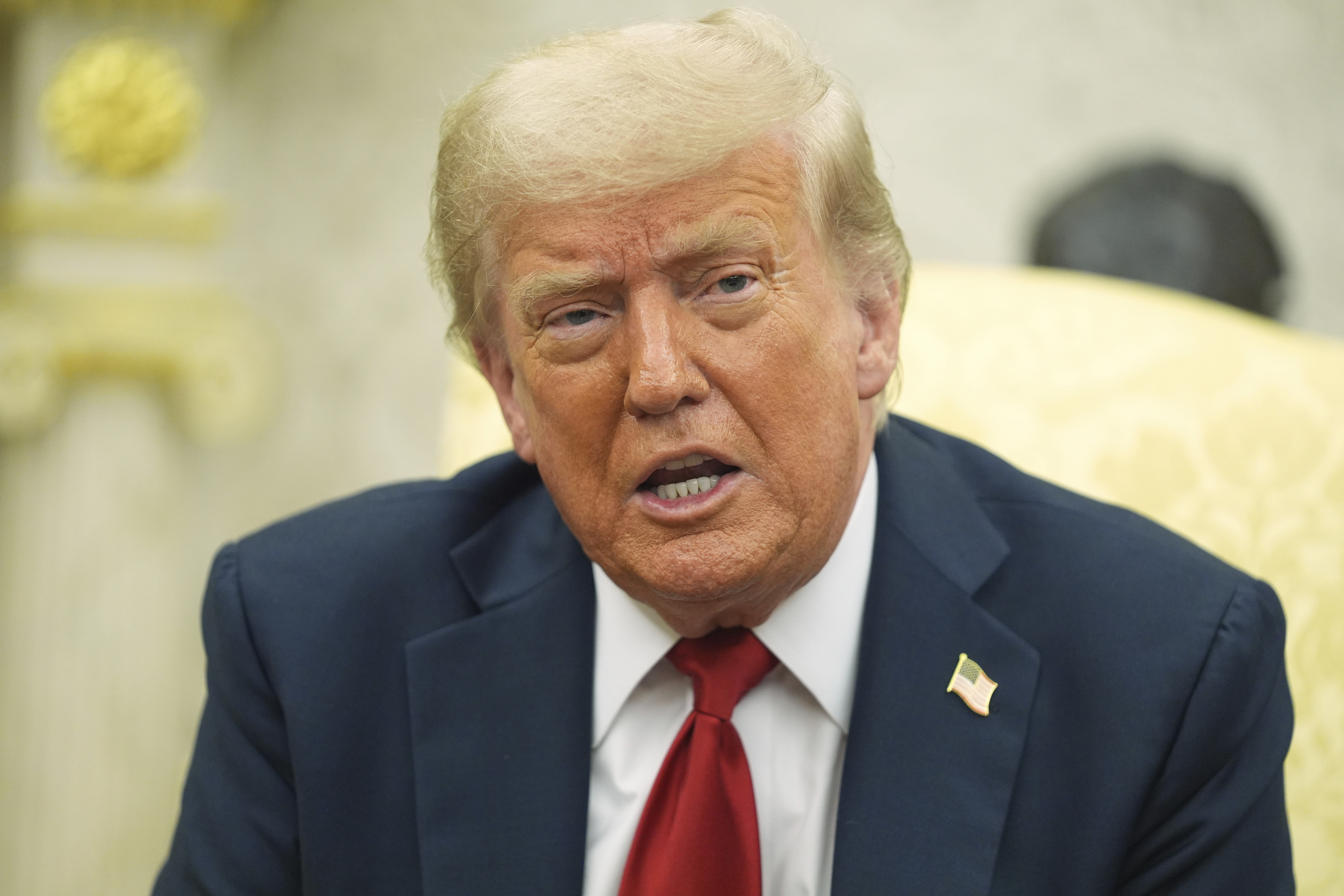 President Donald Trump speaks during a meeting with NATO Secretary General Mark Rutte in the Oval Office of the White House, Monday, July 14, 2025, in Washington. (AP Photo/Evan Vucci)