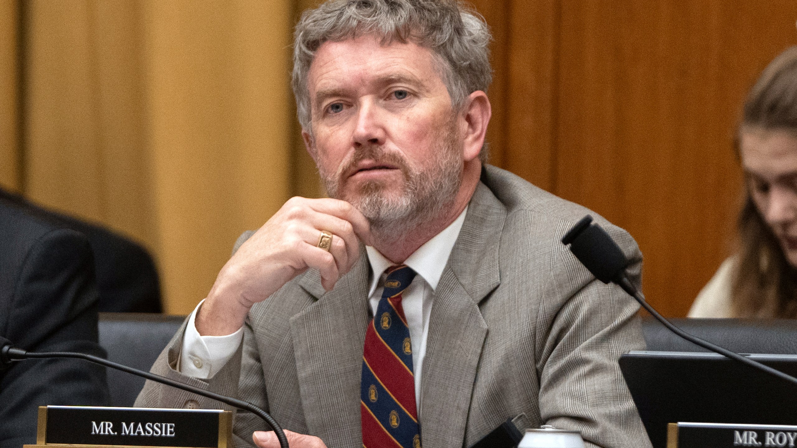 FILE - Rep. Thomas Massie, R-Ky., listens during a joint subcommittee hearing of the House Judiciary Committee, on Capitol Hill, April 1, 2025, in Washington. (AP Photo/Mark Schiefelbein, File)