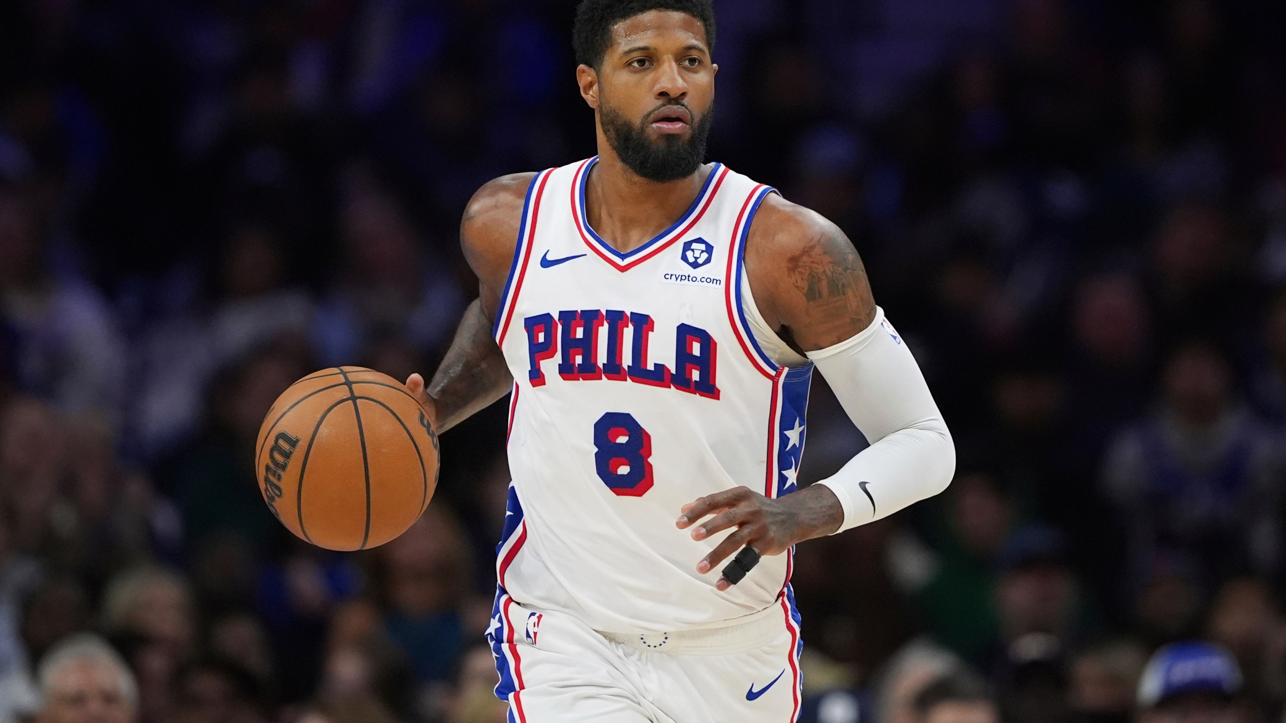 FILE - Philadelphia 76ers' Paul George plays during an NBA basketball game against the Brooklyn Nets, Feb. 22, 2025, in Philadelphia. (AP Photo/Matt Slocum, File)