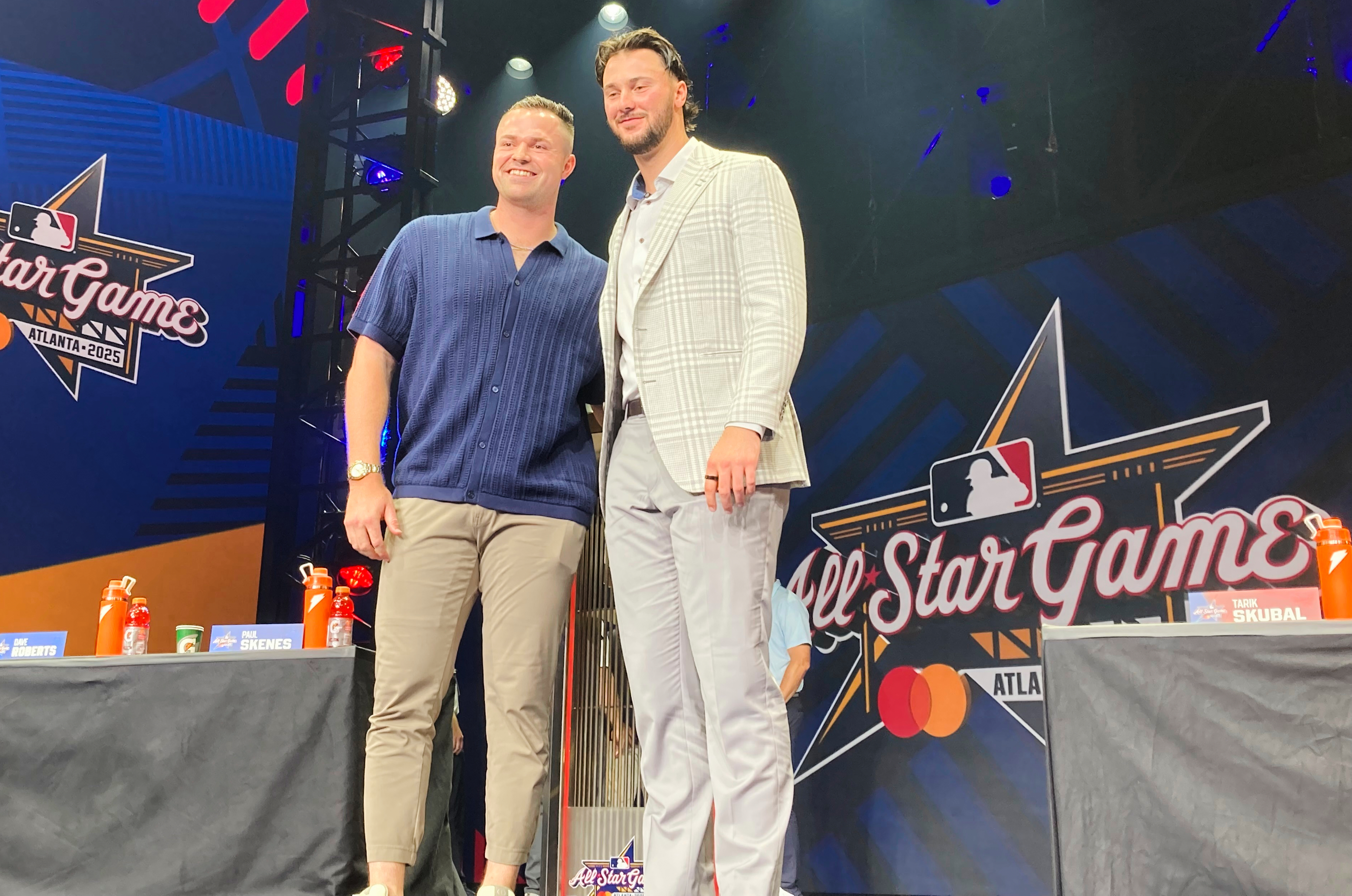 AL starting pitcher Tarik Skubal of Detroit, left, and NL starting pitcher Paul Skenes of Pittsburgh during a news conference, Monday, July 14, 2025 in Atlanta, a day before baseball's MLB All-Star Game. (AP Photo/Ron Blum)