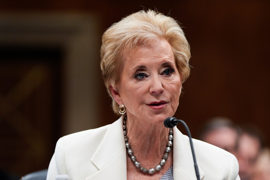 FILE - Education Secretary Linda McMahon speaks during a Senate Appropriations hearing, Tuesday, June 3, 2025, on Capitol Hill in Washington. (AP Photo/Julia Demaree Nikhinson, File)